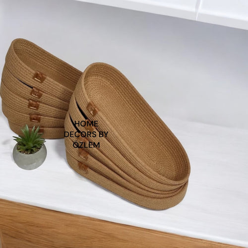 10 Adet Hasır Oval Sepet Takımı Düzenleyici Organizer Saklama Kutusu Mutfak Dekor Salon Hasır Sepet Takımı - 25x10x4 cm