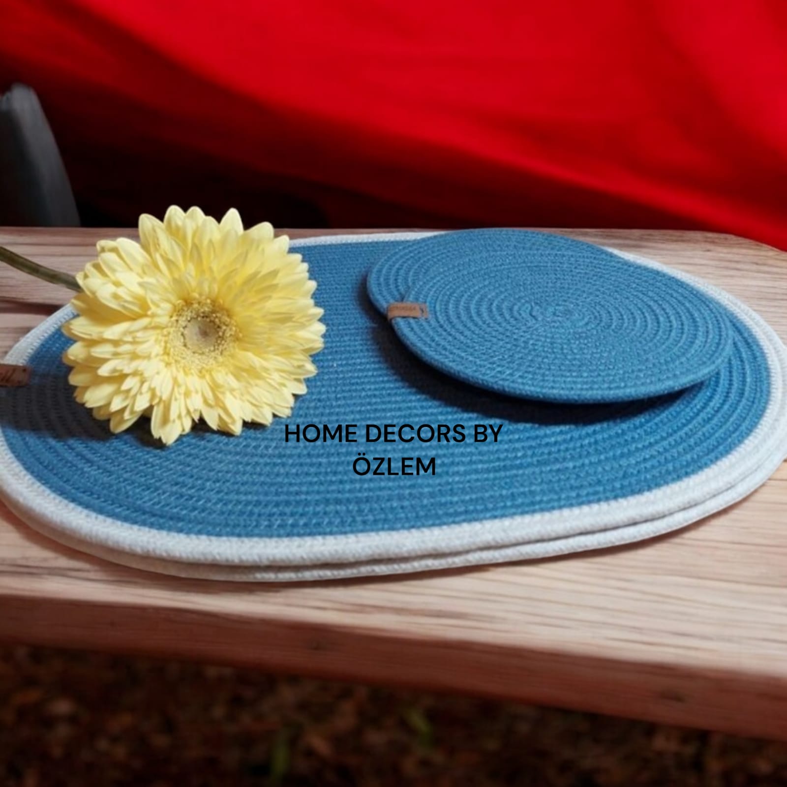 Oval Turkuaz Beyaz Amerikan Servis Supla Düzenleyici Organizer Dekorasyon Handmade El Emeği - Supla: 42x30 cm / Bardak Altlığı: 12 cm