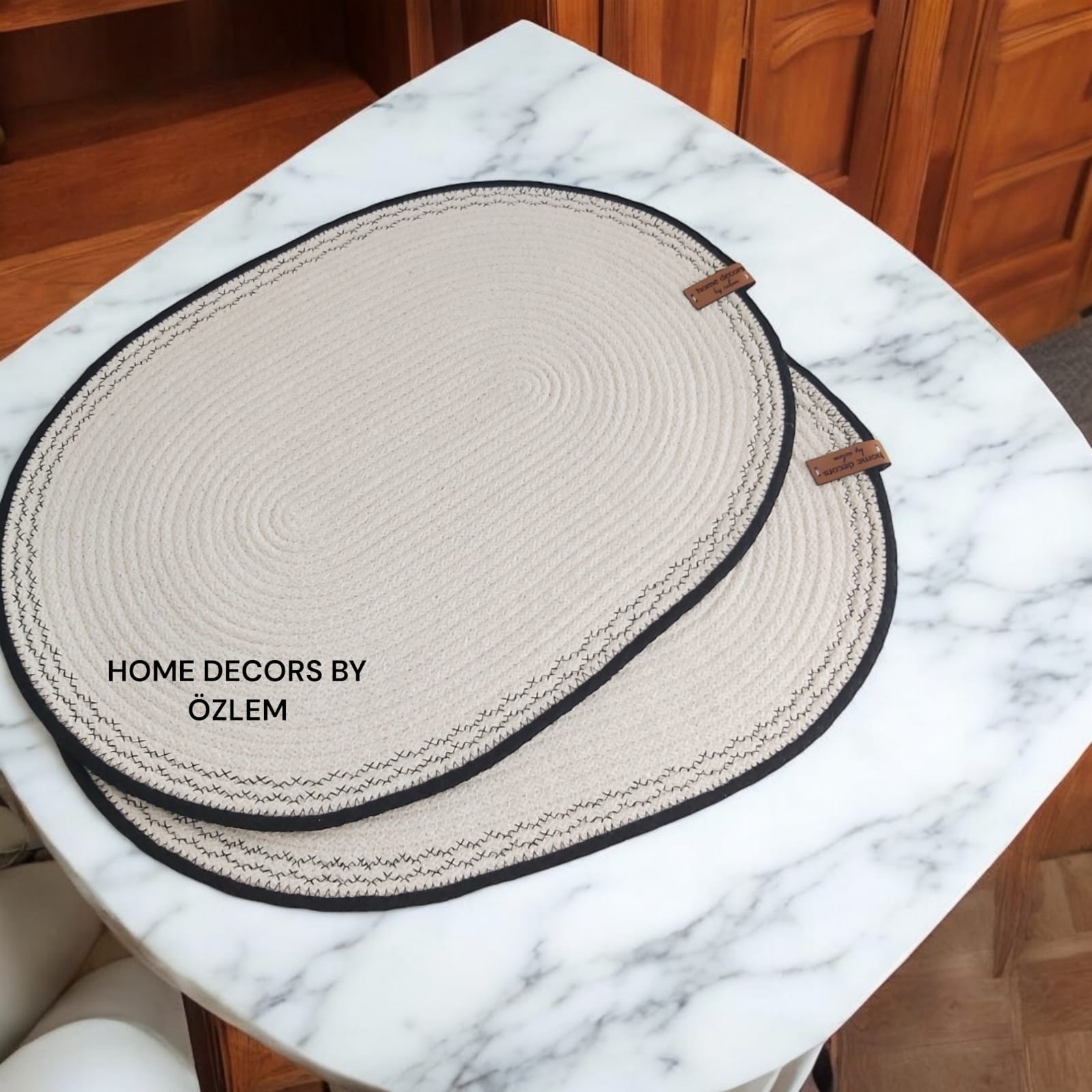 İşlemeli Pikolu Oval Ekru Siyah Amerikan Servis Supla Düzenleyici Organizer Dekorasyon Handmade El Emeği - Oval Supla: 42x30 cm