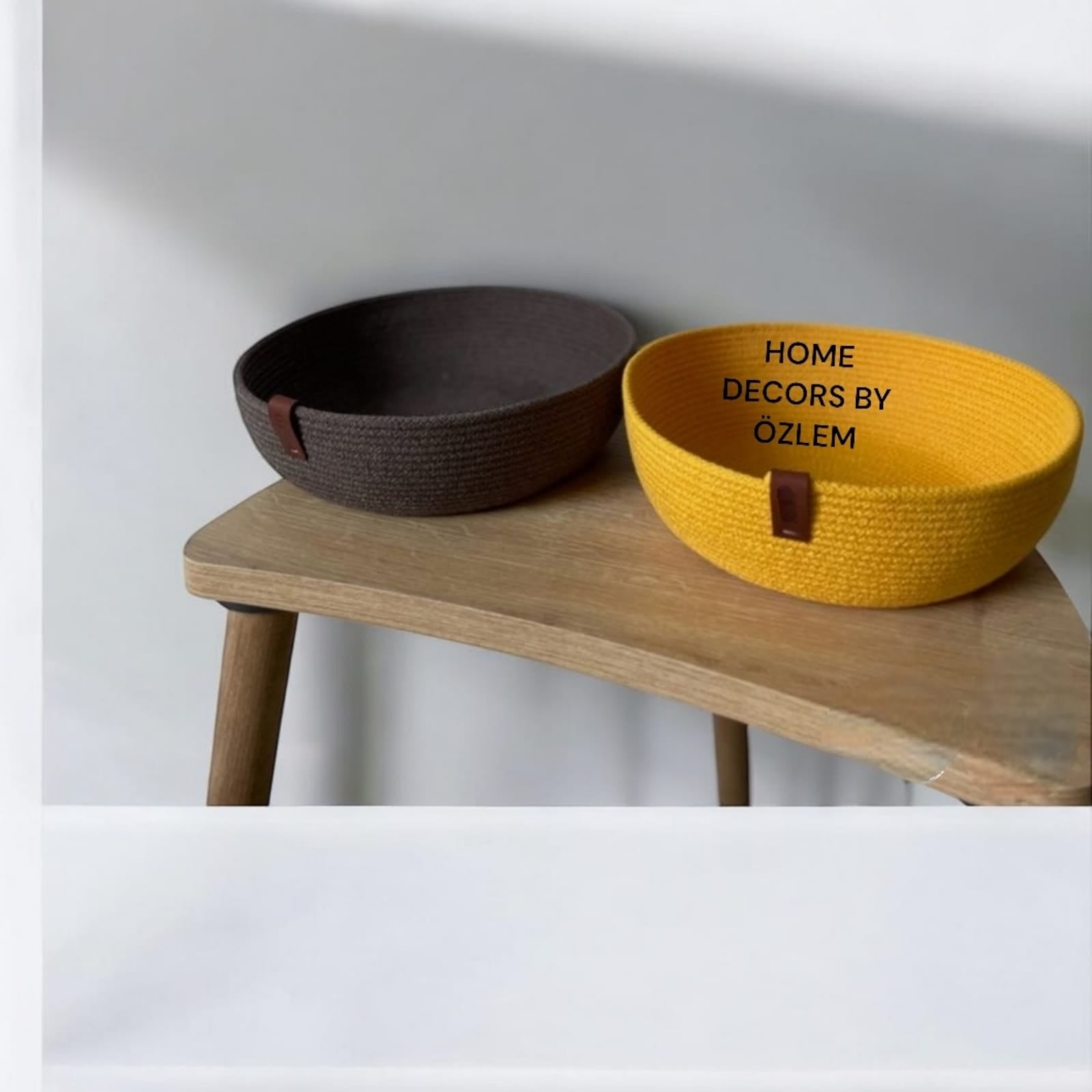 2'li Acı Kahve Sarı Sepet Takımı Dekoratif Sepet Organizer Düzenleyici Hasır Sepet Saklama Kutusu Handmade-25x10cm/23x8cm