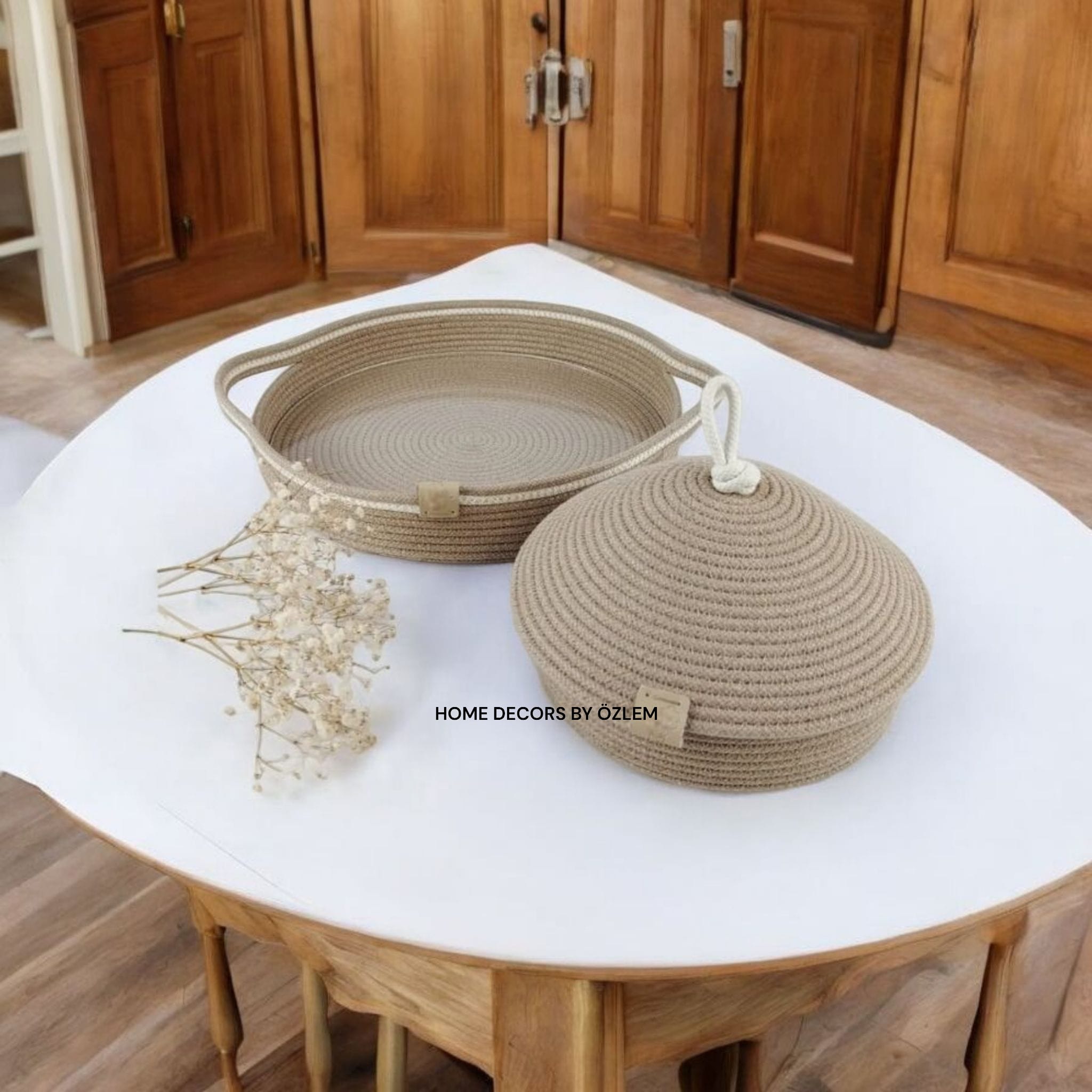 2'li Bej Ekru Sepet Takımı Dekoratif Sepet Organizer Hasır Sepet Düzenleyici Saklama Kutusu Handmade-30x6cm/20x6cm