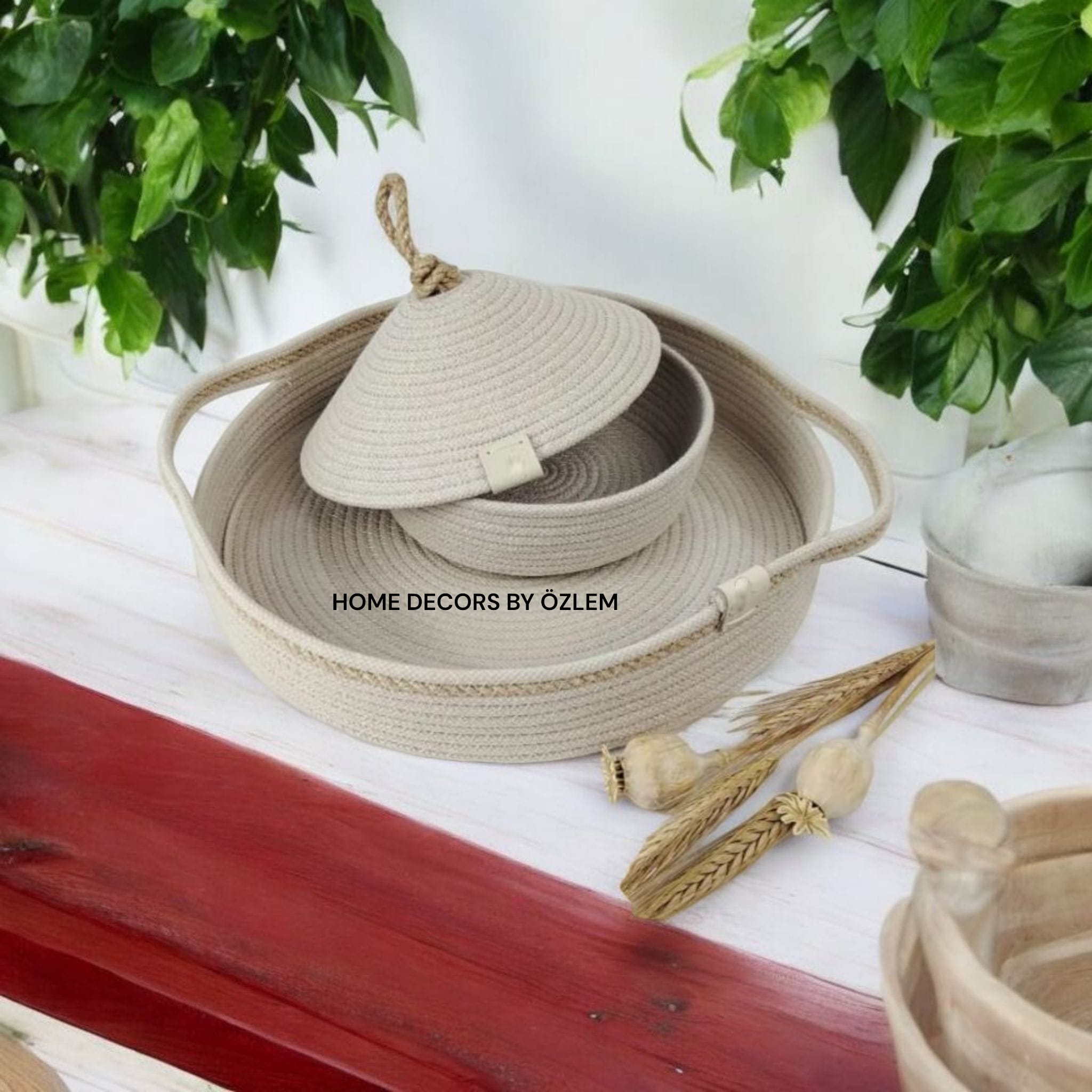 2'li Bej Hasır Sepet Takımı Dekoratif Sepet Organizer Hasır Sepet Düzenleyici Saklama Kutusu Handmade-30x6cm/20x6cm