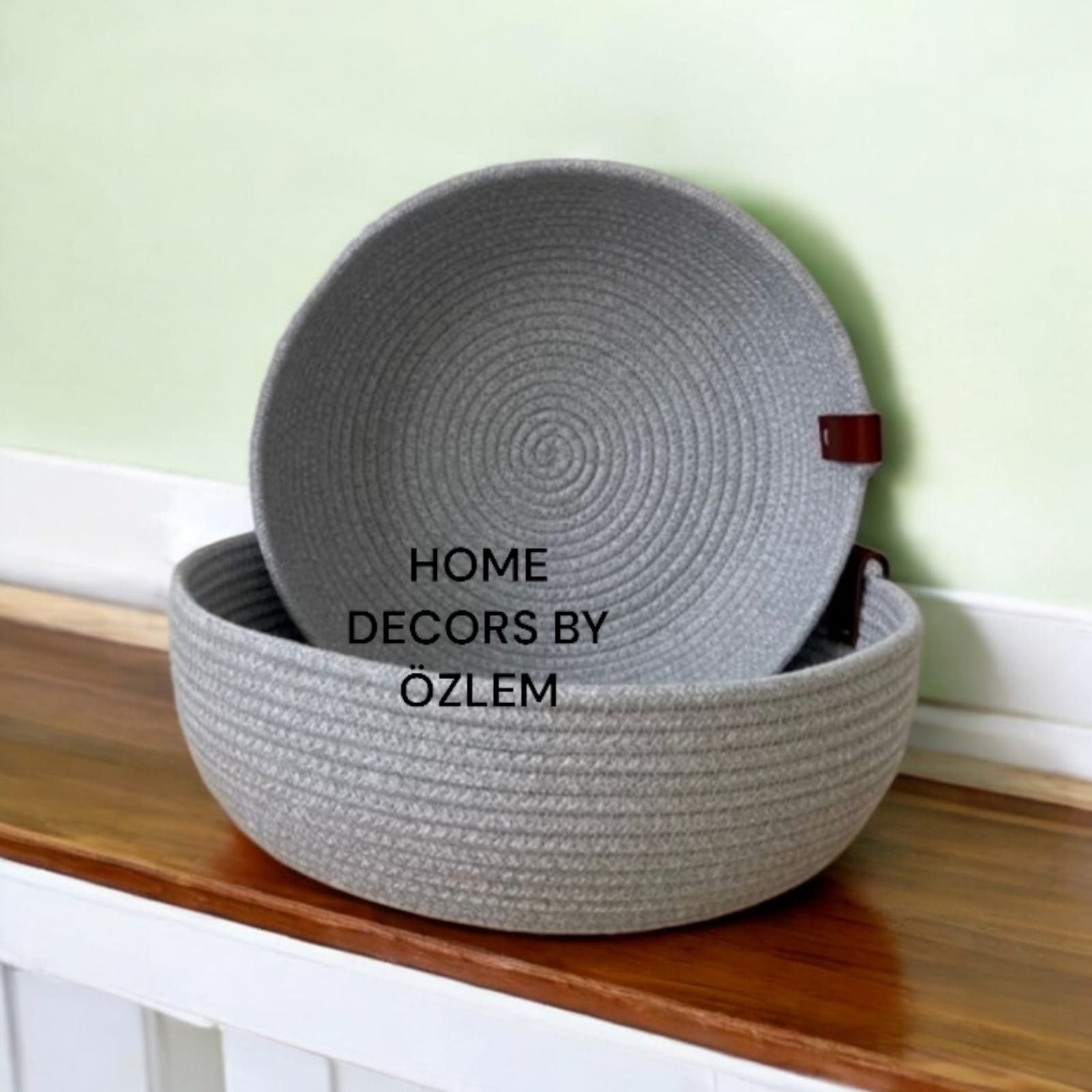 2'li Gri Sepet Takımı Dekoratif Sepet Organizer Düzenleyici Hasır Sepet Saklama Kutusu Handmade-25x10cm/23x8cm