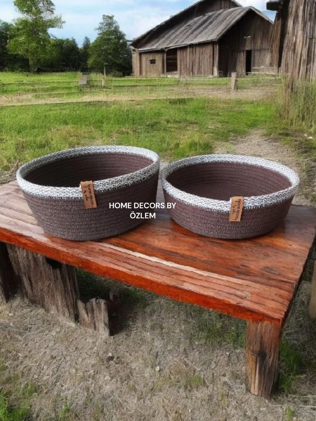 2'li Kahverengi Degrade Sepet Takımı Dekoratif Sepet Organizer Hasır Sepet Düzenleyici Saklama Kutusu Handmade-22x10cm/20x8cm