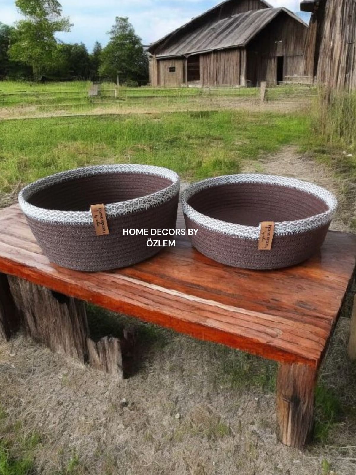 2'li Kahverengi Degrade Sepet Takımı Dekoratif Sepet Organizer Hasır Sepet Düzenleyici Saklama Kutusu Handmade-22x10cm/20x8cm