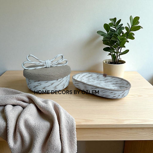 2'li Ekru Hasır Sepet Dekoratif Sepet Saklama Kutusu Organizer Düzenleyici Handmade El Emeği - 25x10 cm/31x16x5 cm