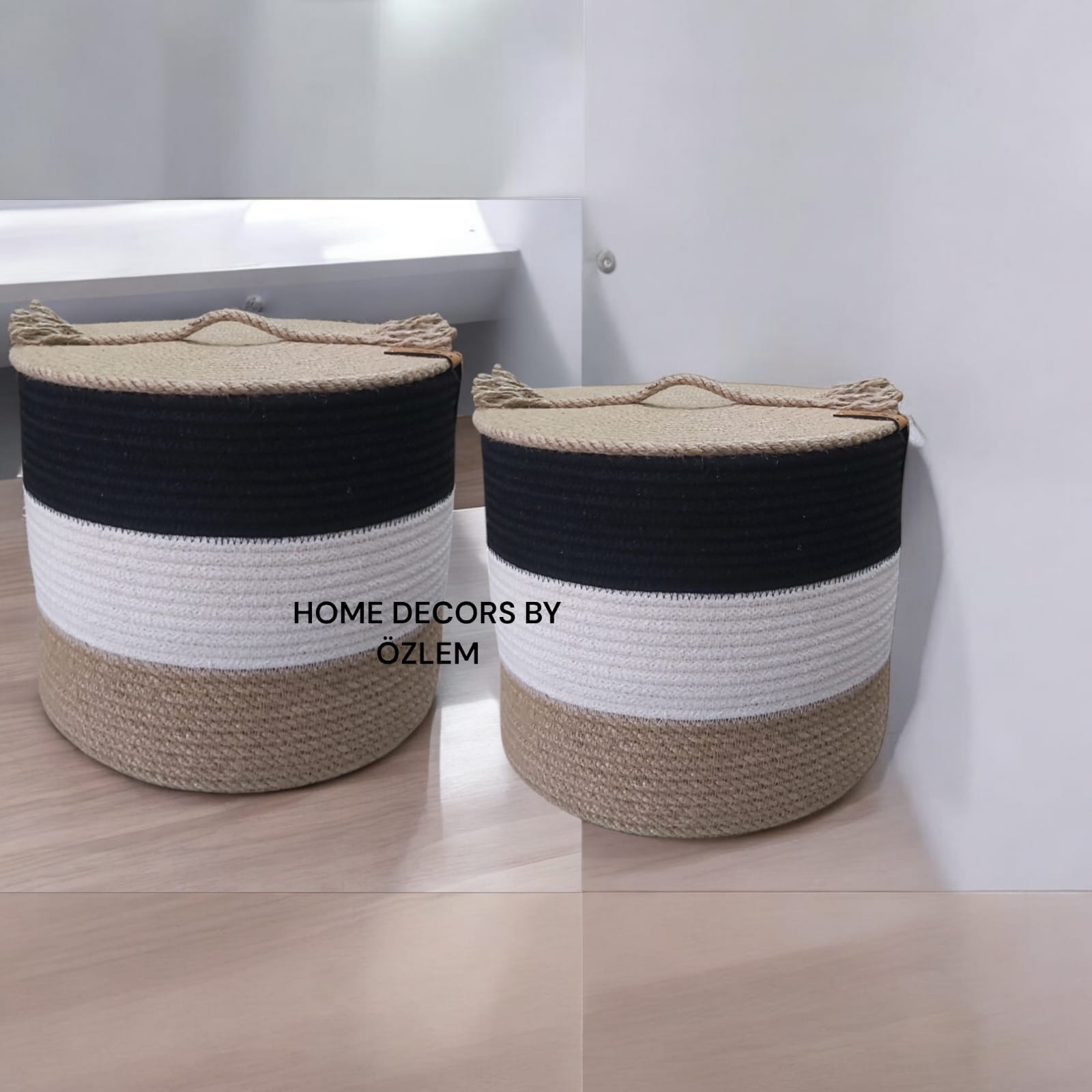 2'li Siyah Ekru Hasır Sepet Takımı Dekoratif Sepet Organizer Hasır Sepet Düzenleyici Saklama Kutusu Handmade-25x20cm/23x15cm