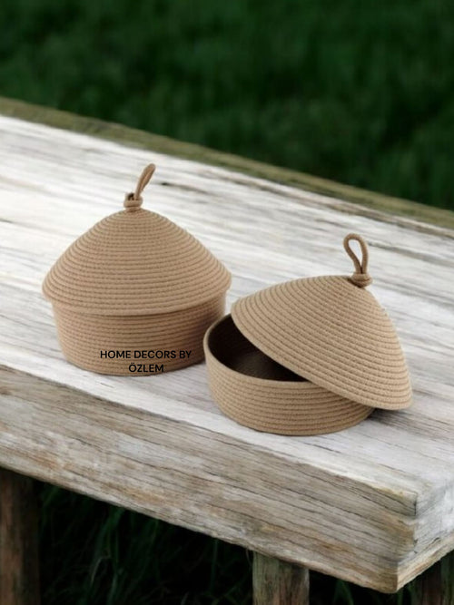 2'li Kapaklı Bej Sepet Dekoratif Sepet Saklama Kutusu Organizer Hasır Sepet Düzenleyici Handmade El Emeği El Yapımı- 25x10cm / 20x7cm