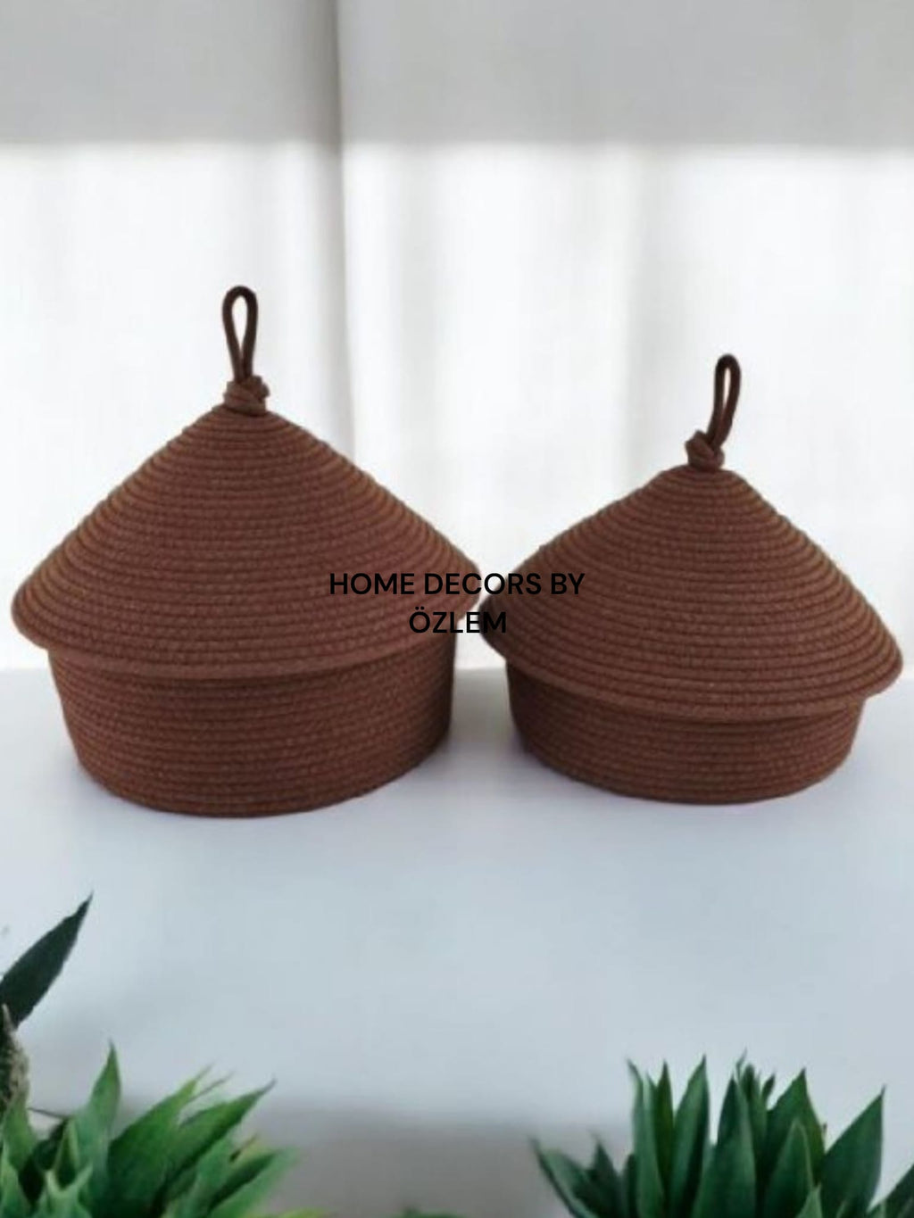 2'li Kapaklı Kahverengi Sepet Dekoratif Sepet Saklama Kutusu Organizer Hasır Sepet Düzenleyici Handmade El Emeği El Yapımı- 25x10cm / 20x7cm