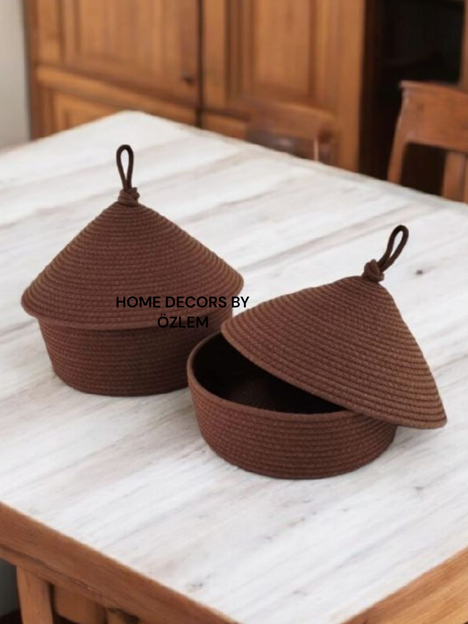 2'li Kapaklı Kahverengi Sepet Dekoratif Sepet Saklama Kutusu Organizer Hasır Sepet Düzenleyici Handmade El Emeği El Yapımı- 25x10cm / 20x7cm