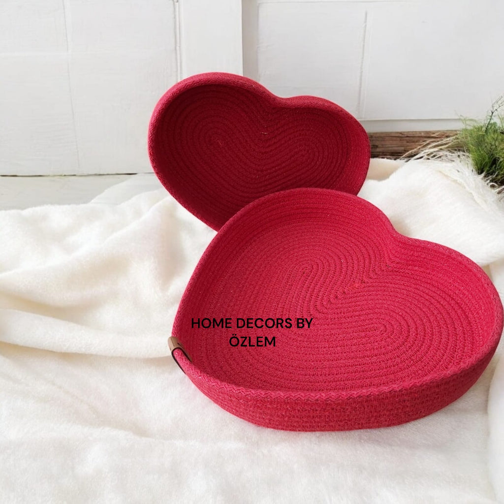 2'li Kırmızı Kalp Sepet Organizer Düzenleyici El Emeği Handmade 14 Şubat Yılbaşı Hasır Sepet Dekorasyon - 34x25cm/27x20cm