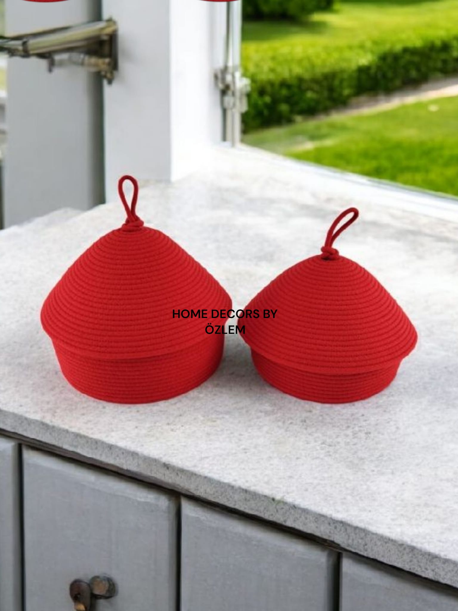 2'li Kapaklı Kırmızı Sepet Dekoratif Sepet Saklama Kutusu Organizer Hasır Sepet Düzenleyici Handmade El Emeği El Yapımı- 25x10cm / 20x7cm