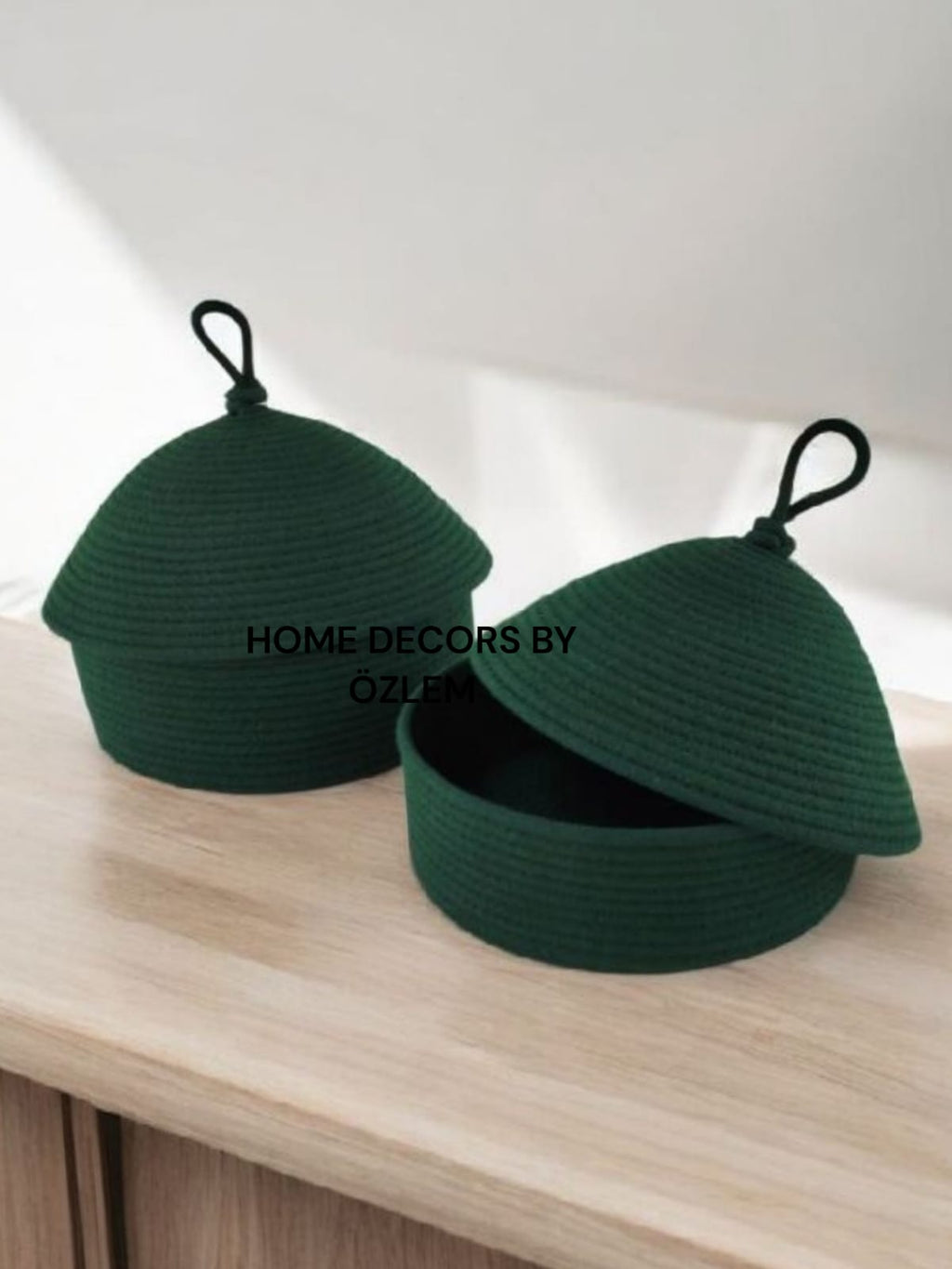 2'li Kapaklı Koyu Yeşil Sepet Dekoratif Sepet Saklama Kutusu Organizer Hasır Sepet Düzenleyici Handmade El Emeği El Yapımı- 25x10cm / 20x7cm