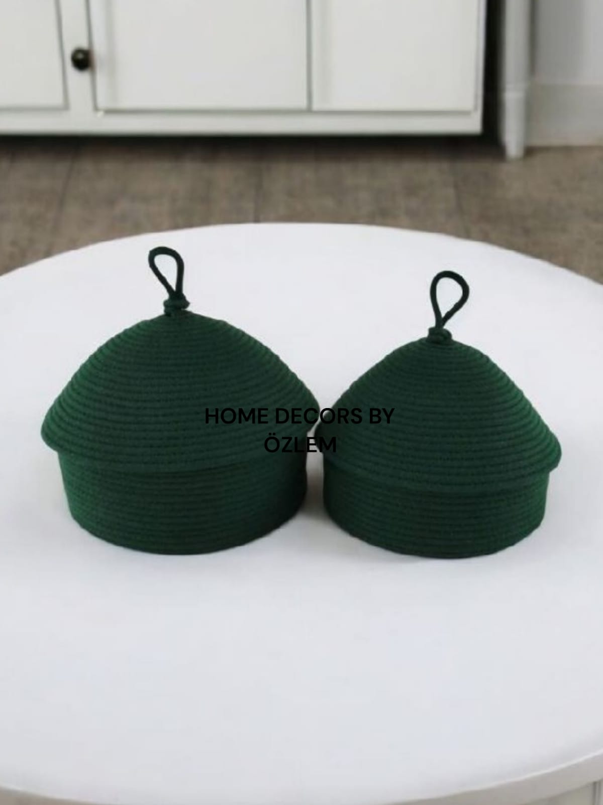 2'li Kapaklı Koyu Yeşil Sepet Dekoratif Sepet Saklama Kutusu Organizer Hasır Sepet Düzenleyici Handmade El Emeği El Yapımı- 25x10cm / 20x7cm