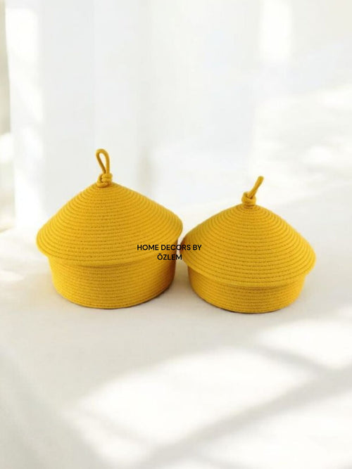 2'li Kapaklı Sarı Sepet Dekoratif Sepet Saklama Kutusu Organizer Hasır Sepet Düzenleyici Handmade El Emeği El Yapımı- 25x10cm / 20x7cm