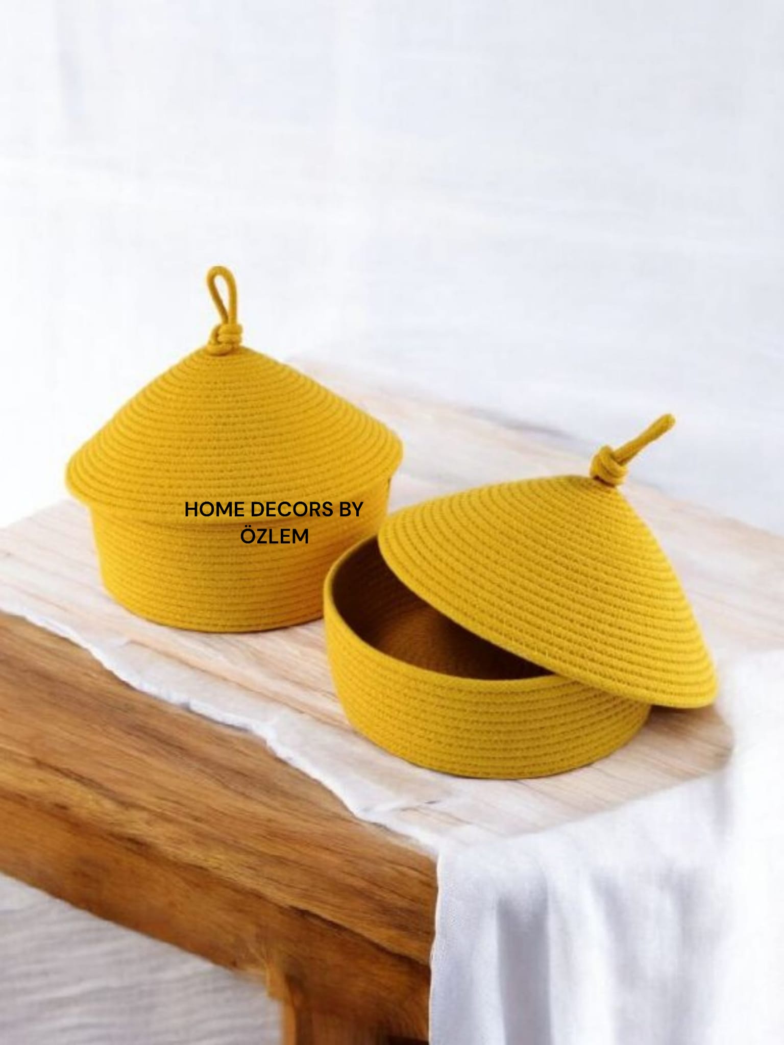 2'li Kapaklı Sarı Sepet Dekoratif Sepet Saklama Kutusu Organizer Hasır Sepet Düzenleyici Handmade El Emeği El Yapımı- 25x10cm / 20x7cm