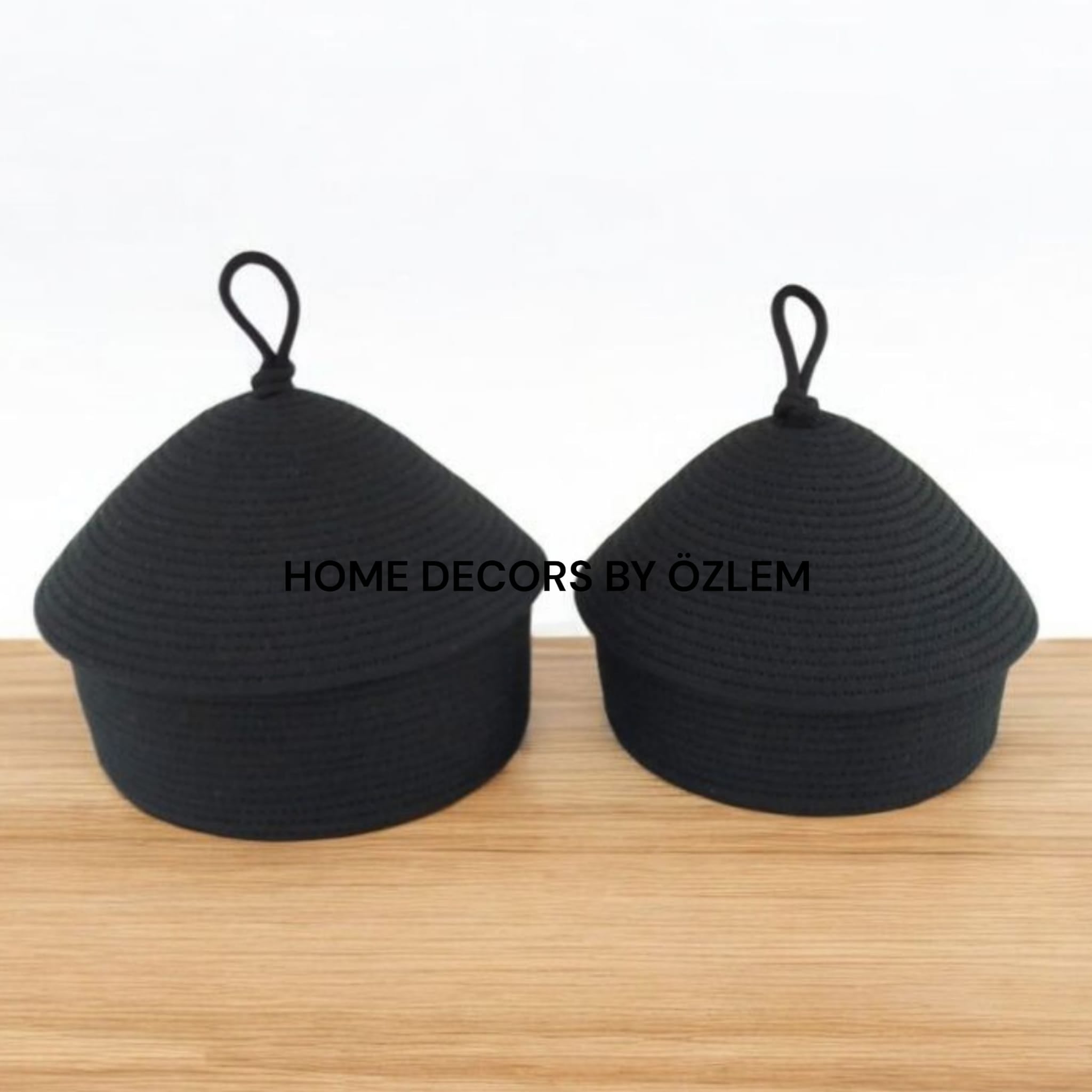 2'li Kapaklı Siyah Sepet Dekoratif Sepet Saklama Kutusu Organizer Hasır Sepet Düzenleyici Handmade El Emeği El Yapımı- 25x10cm / 20x7cm