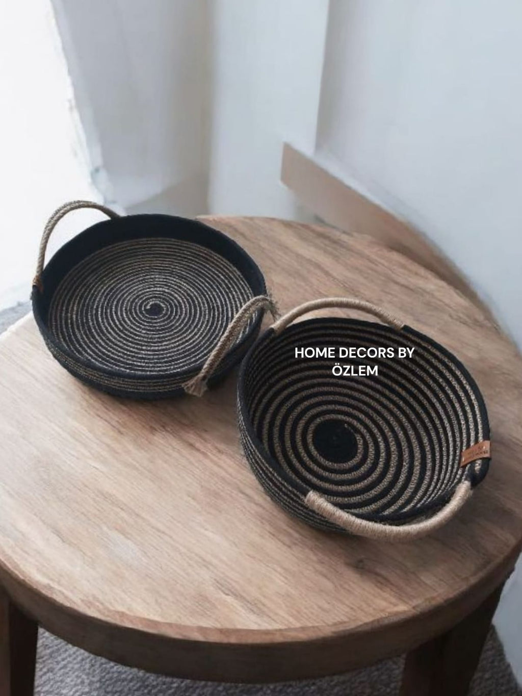2'li Siyah Hasır Sepet Dekoratif Sepet Saklama Kutusu Organizer Düzenleyici Handmade El Emeği - 22x10 cm/30x5 cm