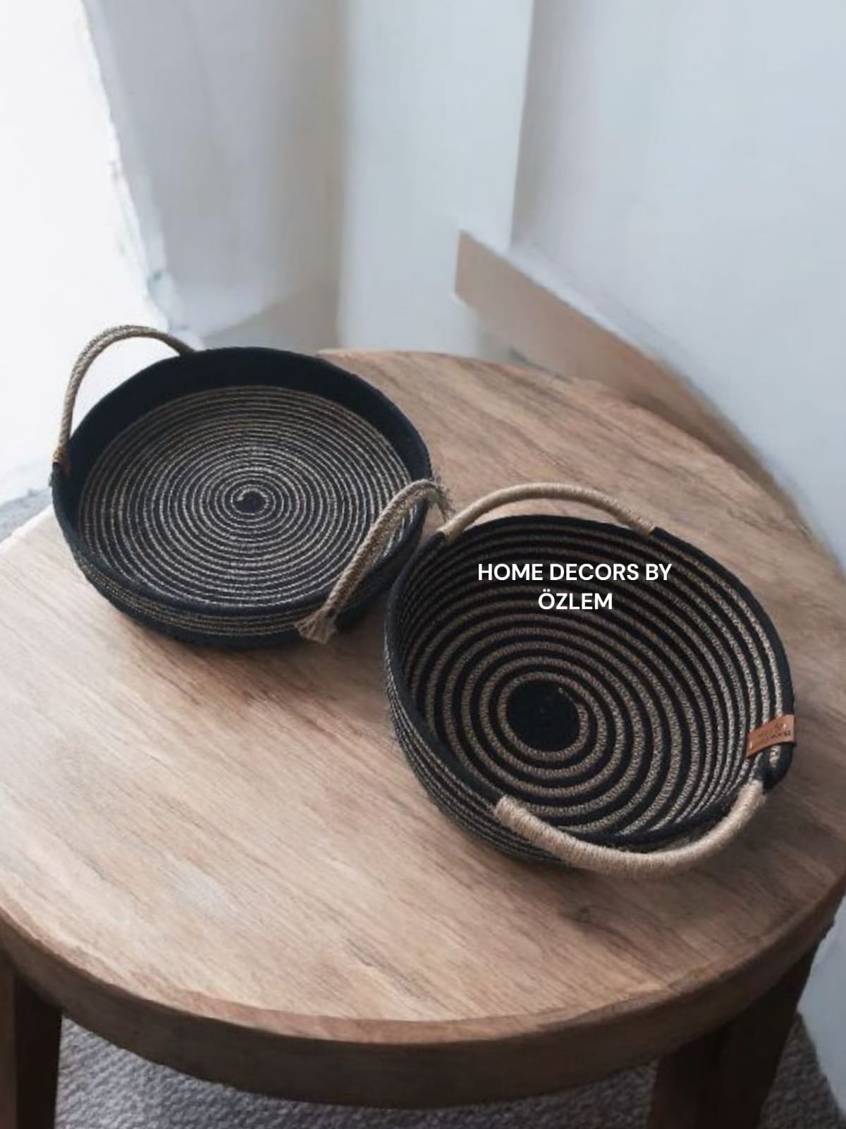 2'li Siyah Hasır Sepet Dekoratif Sepet Saklama Kutusu Organizer Düzenleyici Handmade El Emeği - 22x10 cm/30x5 cm