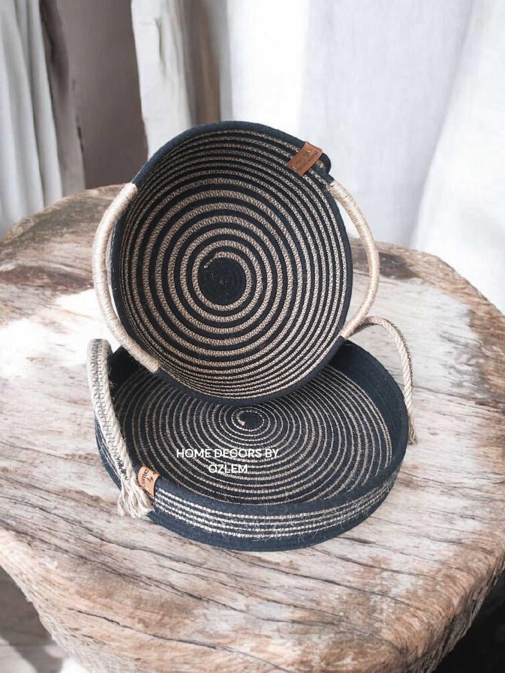 2'li Siyah Hasır Sepet Dekoratif Sepet Saklama Kutusu Organizer Düzenleyici Handmade El Emeği - 22x10 cm/30x5 cm