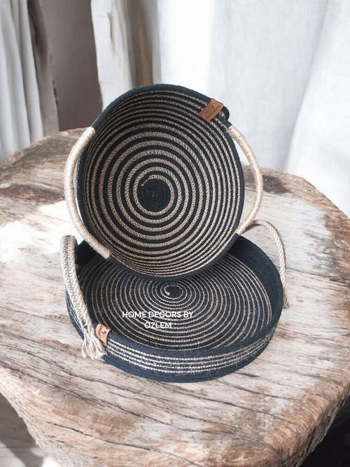 2'li Siyah Hasır Sepet Dekoratif Sepet Saklama Kutusu Organizer Düzenleyici Handmade El Emeği - 22x10 cm/30x5 cm