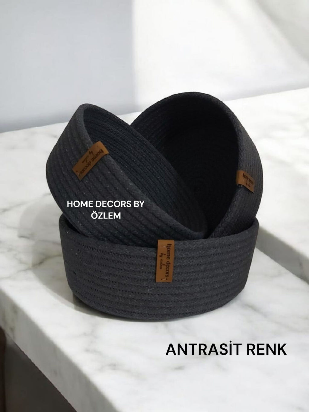 3'lü Antrasit Sepet Takımı Dekoratif Sepet Organizer Düzenleyici Hasır Sepet Saklama Kutusu Handmade-20x7cm/18x7cm/16x7cm