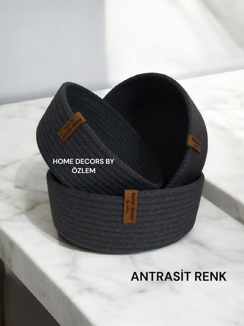 3'lü Antrasit Sepet Takımı Dekoratif Sepet Organizer Düzenleyici Hasır Sepet Saklama Kutusu Handmade-20x7cm/18x7cm/16x7cm