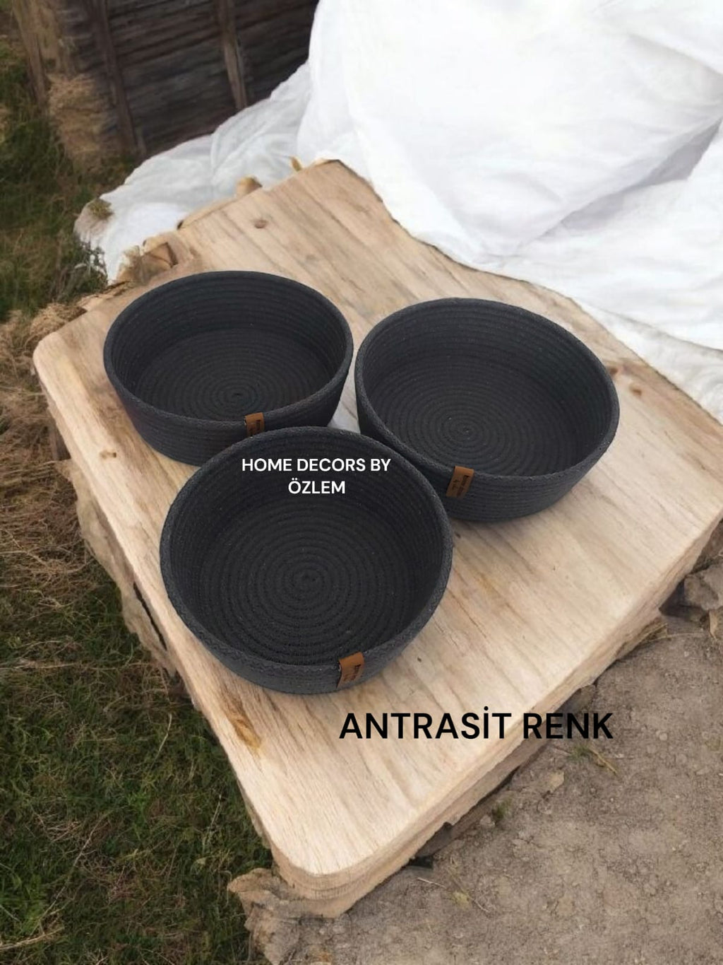 3'lü Antrasit Sepet Takımı Dekoratif Sepet Organizer Düzenleyici Hasır Sepet Saklama Kutusu Handmade-20x7cm/18x7cm/16x7cm