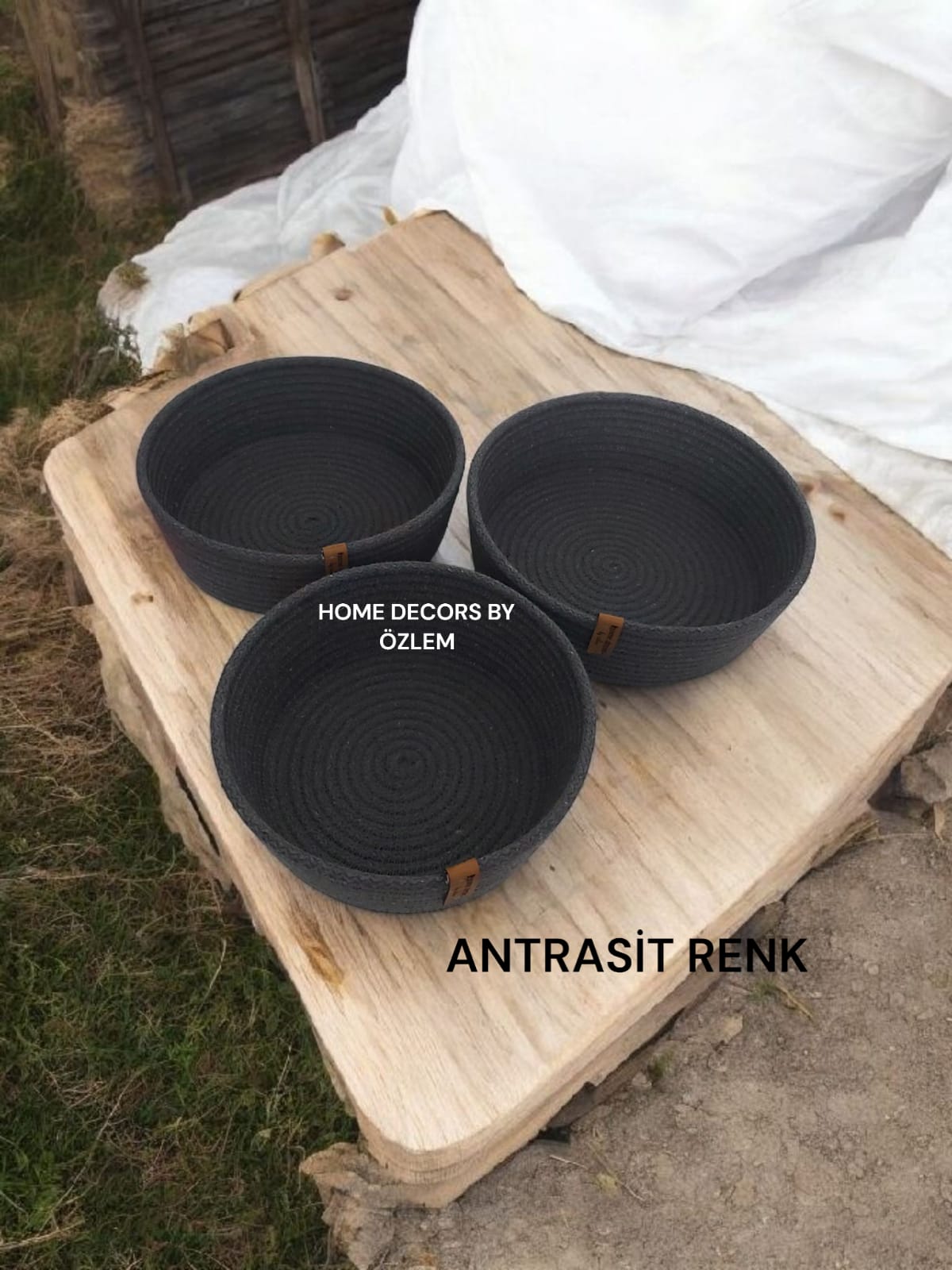 3'lü Antrasit Sepet Takımı Dekoratif Sepet Organizer Düzenleyici Hasır Sepet Saklama Kutusu Handmade-20x7cm/18x7cm/16x7cm