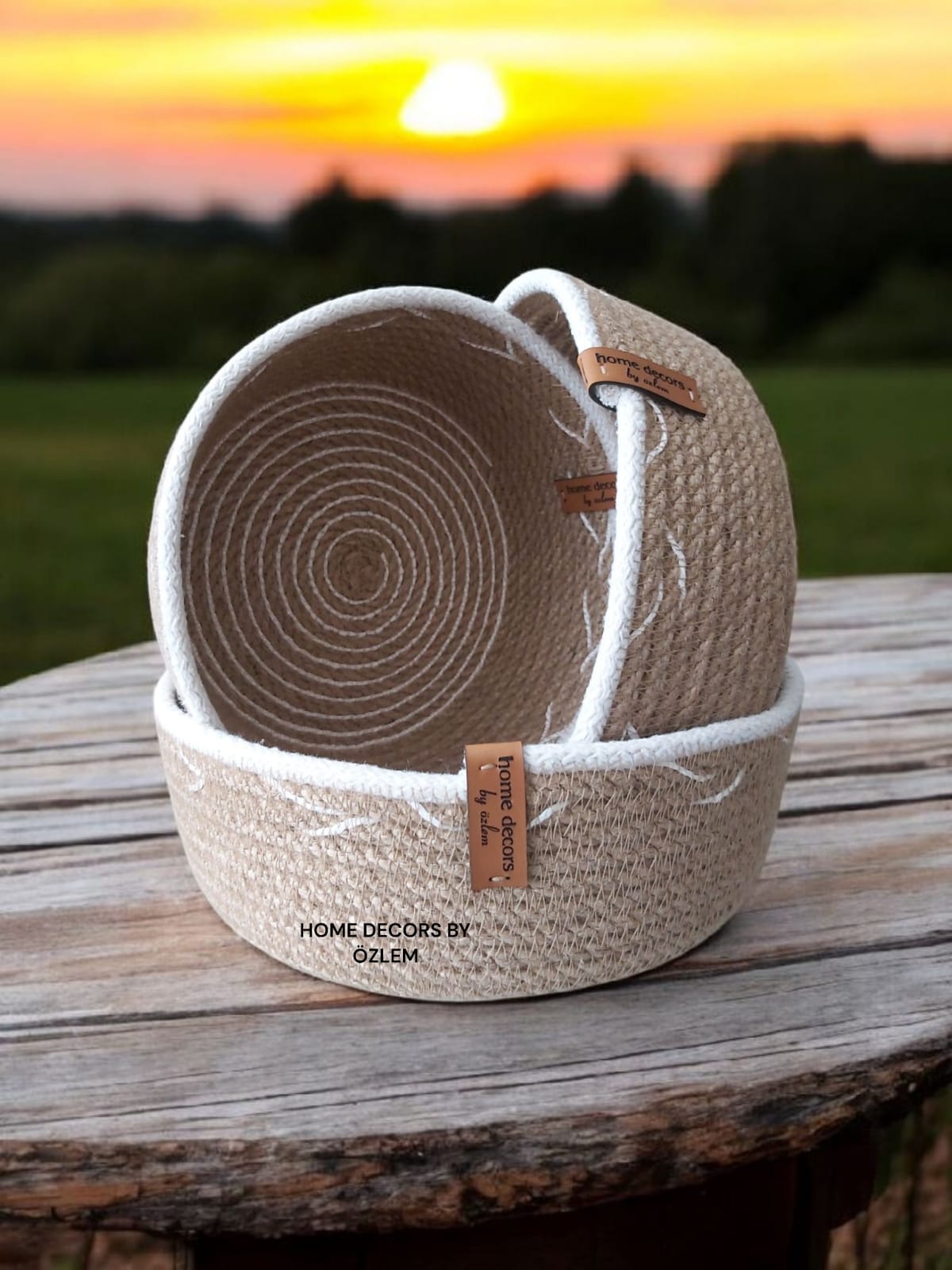 3'lü Beyaz Hasır Sepet Takımı Dekoratif Sepet Organizer Düzenleyici Saklama Kutusu Handmade-20x7cm/18x7cm/16x7cm