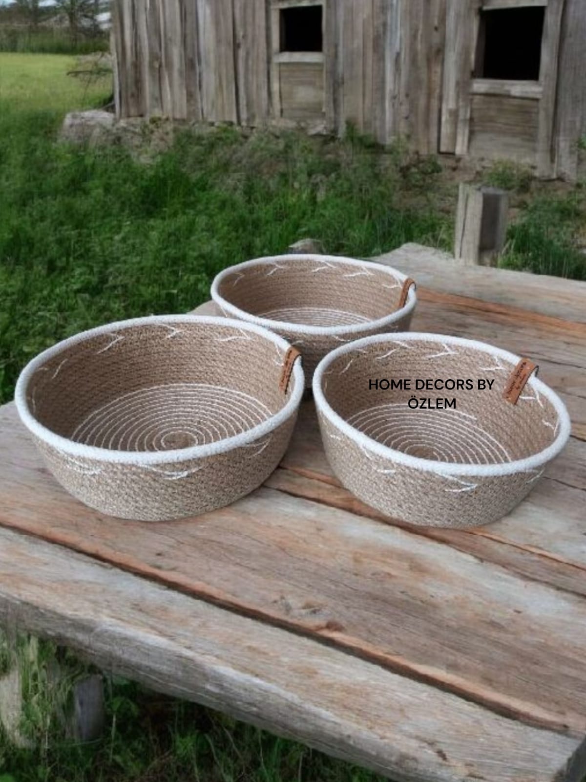3'lü Beyaz Hasır Sepet Takımı Dekoratif Sepet Organizer Düzenleyici Saklama Kutusu Handmade-20x7cm/18x7cm/16x7cm