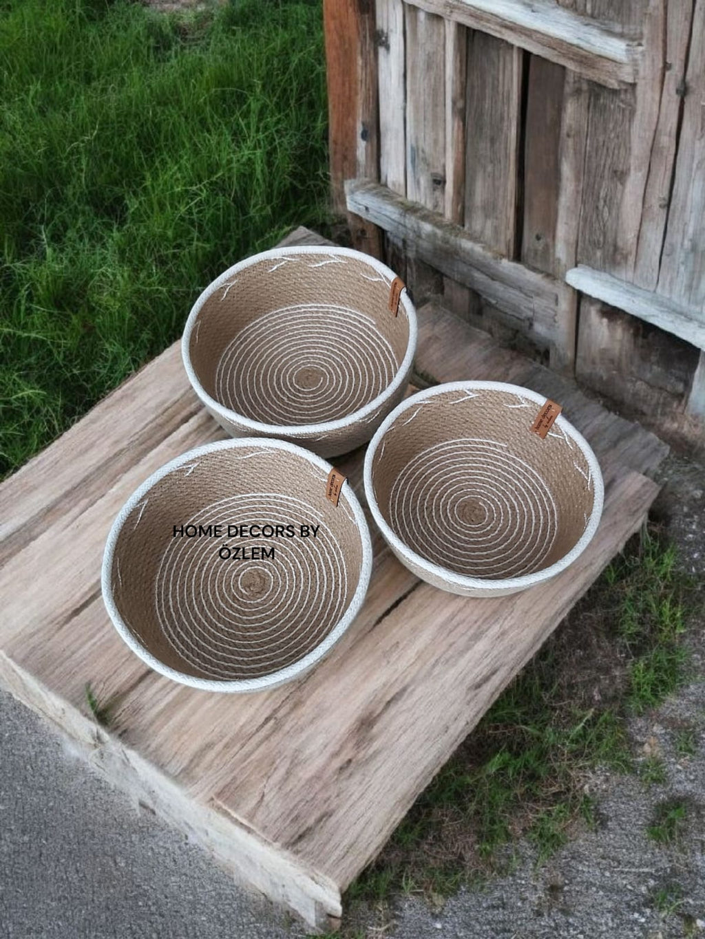 3'lü Beyaz Hasır Sepet Takımı Dekoratif Sepet Organizer Düzenleyici Saklama Kutusu Handmade-20x7cm/18x7cm/16x7cm
