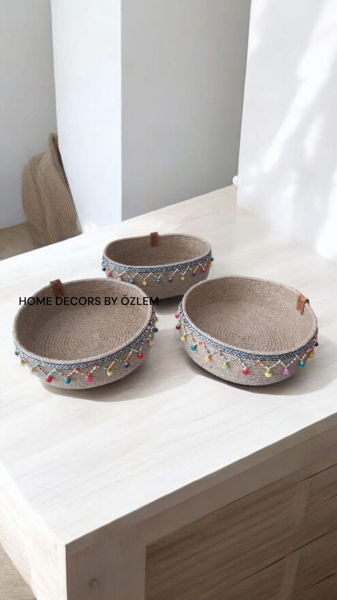 3'lü Hasır Sepet Takımı Düzenleyici Saklama Kutusu Organizer Handmade El Emeği - 25x10 cm / 27x15x10 cm