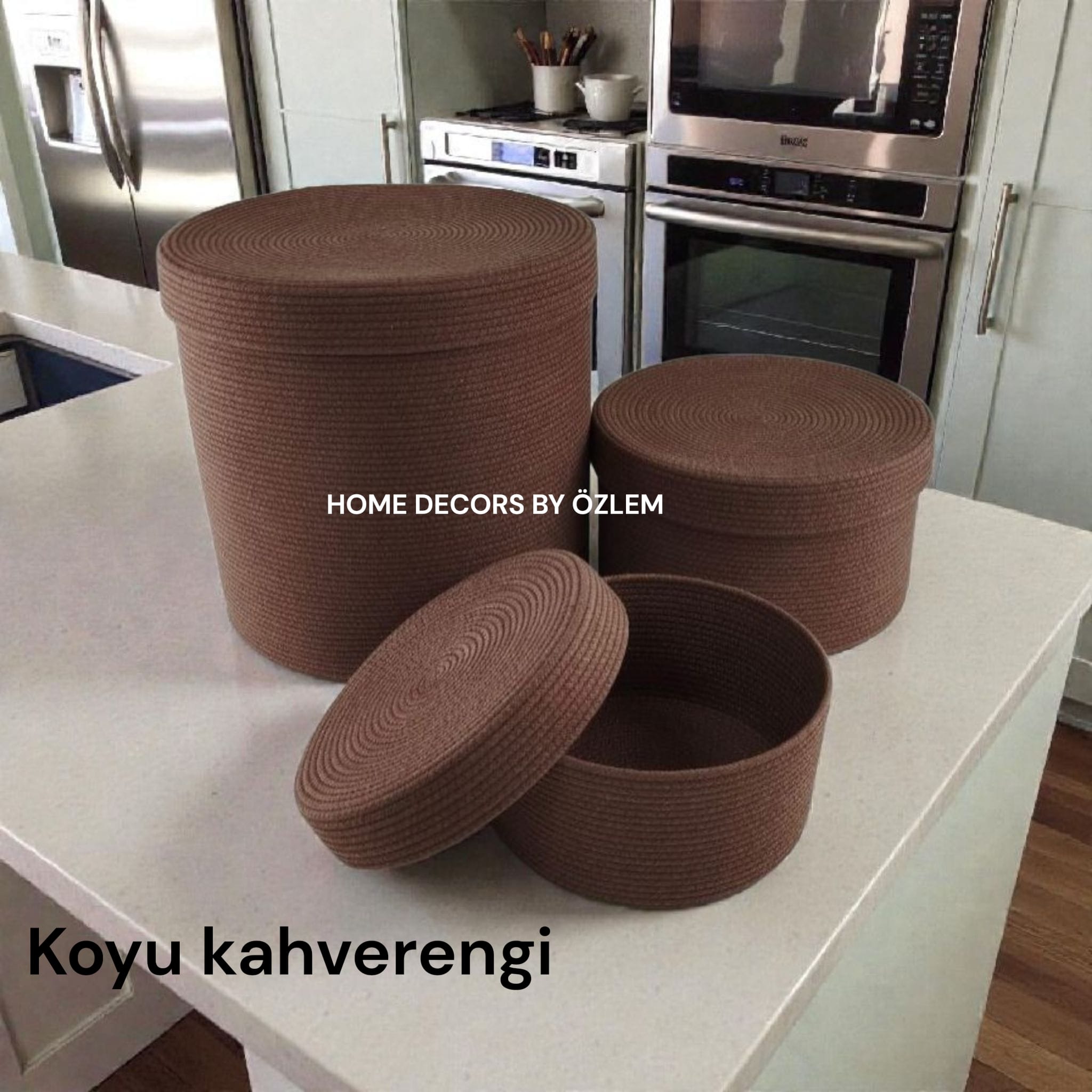 3'lü Koyu Kahverengi Kapaklı Sepet Takımı Organizer Düzenleyici Saklama Kutusu Hasır Sepet Handmade El Emeği - 30x30cm/25x15cm/20x10cm