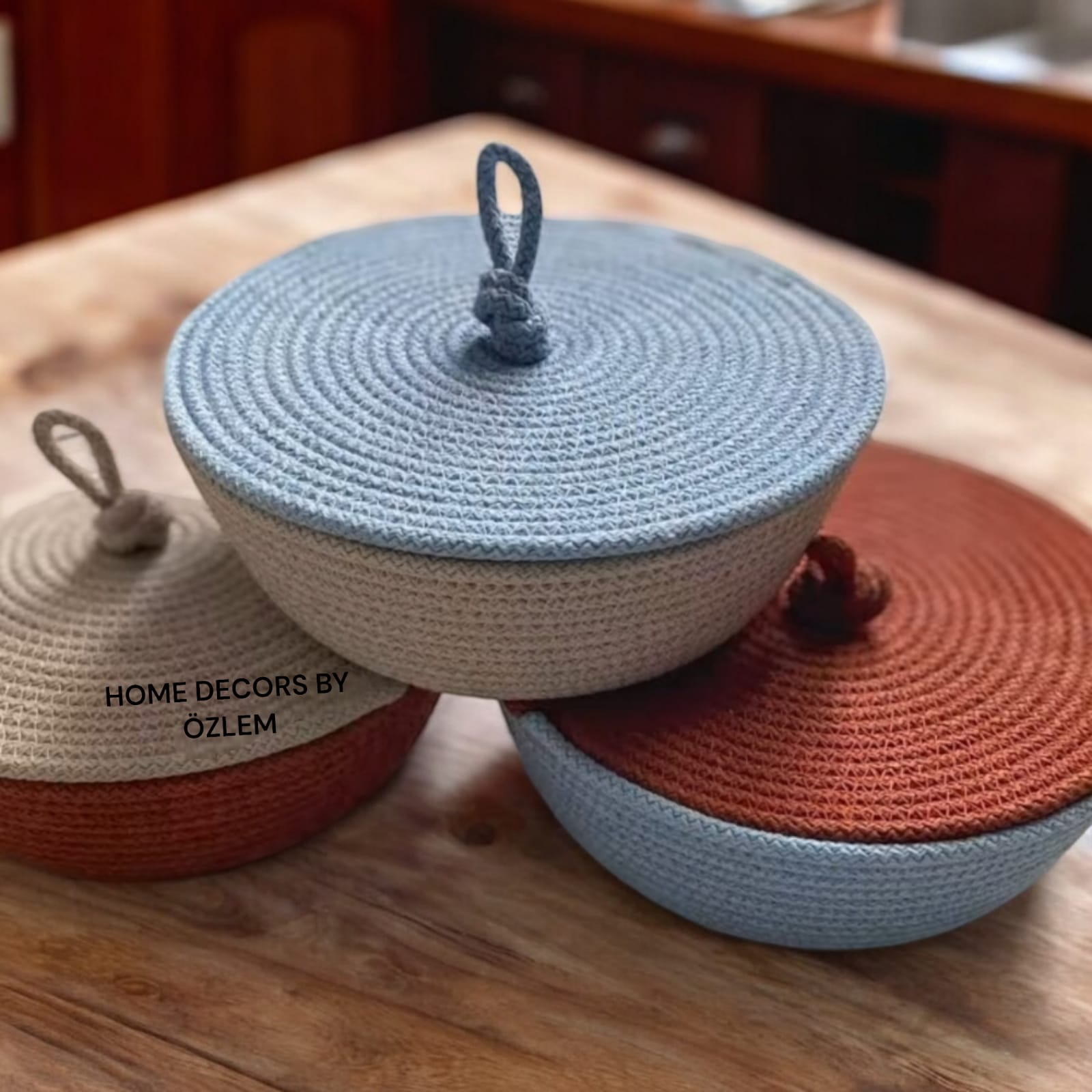 3'lü Kapaklı Bebe Mavisi Kiremit Bej Sepet Takımı Dekoratif Sepet Organizer Düzenleyici Saklama Kutusu Handmade-3 Adet 20x8cm