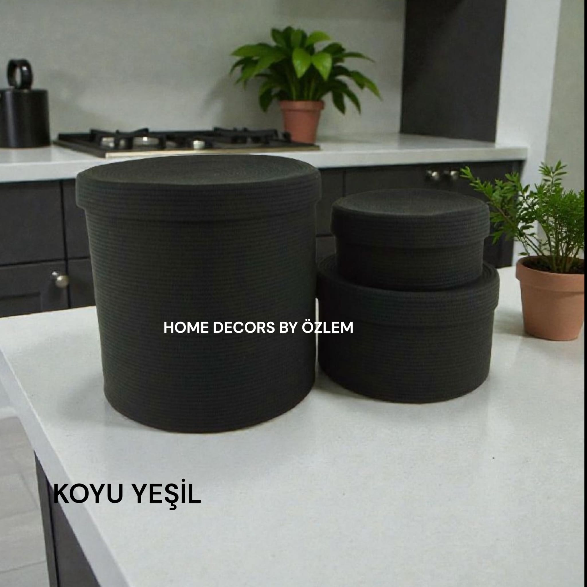3'lü Koyu Yeşil Kapaklı Sepet Takımı Organizer Düzenleyici Saklama Kutusu Hasır Sepet Handmade El Emeği - 30x30cm/25x15cm/20x10cm