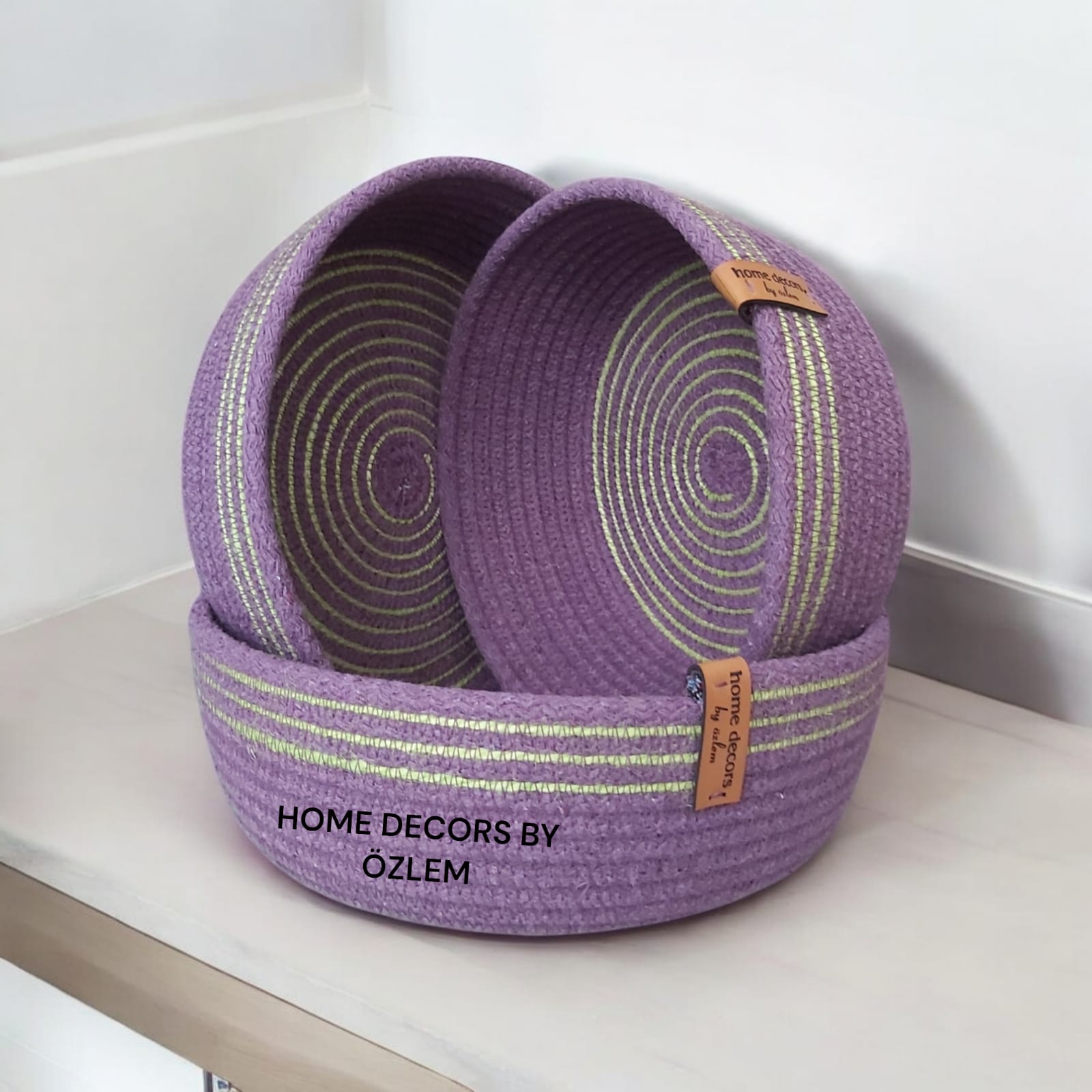 3'lü Mor Yeşil Sepet Takımı Dekoratif Hasır Sepet Organizer Düzenleyici Saklama Kutusu Handmade-20x7cm/18x7cm/16x7cm