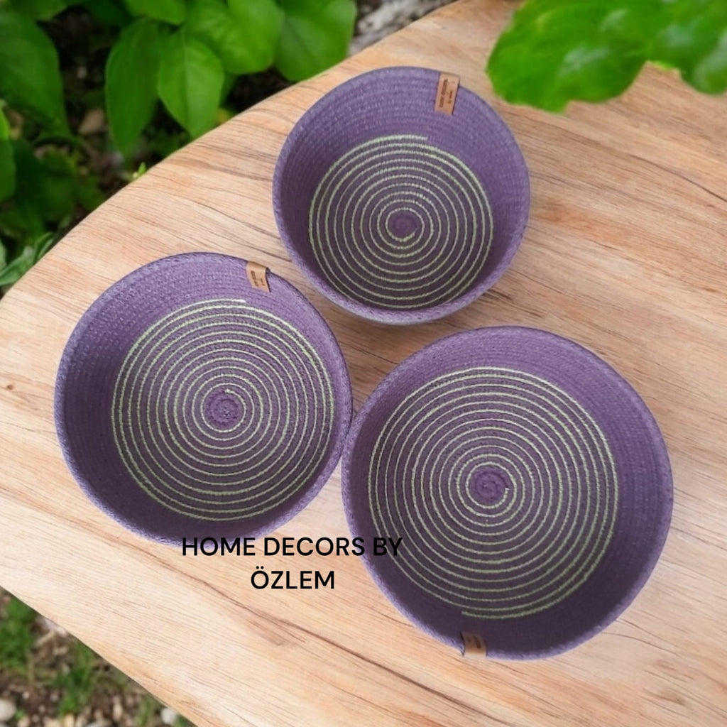 3'lü Mor Yeşil Sepet Takımı Dekoratif Hasır Sepet Organizer Düzenleyici Saklama Kutusu Handmade-20x7cm/18x7cm/16x7cm