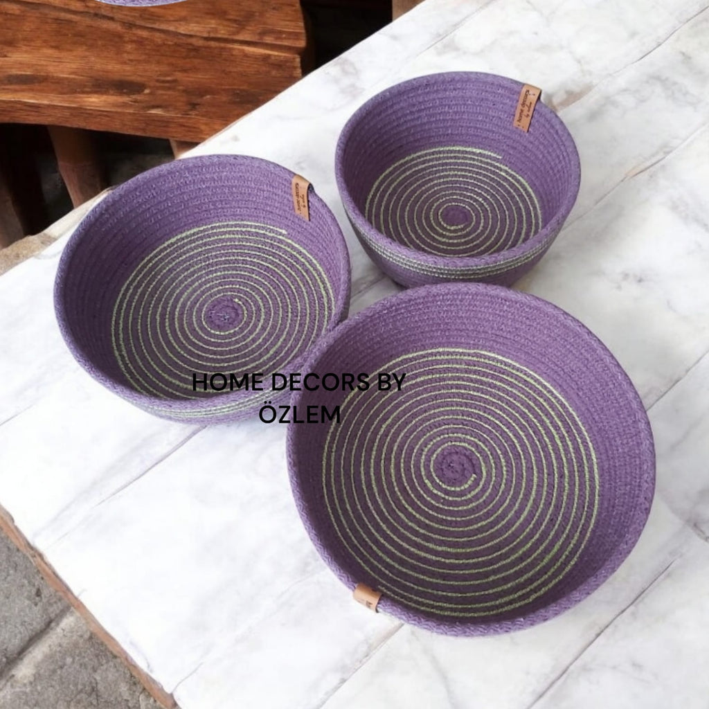 3'lü Mor Yeşil Sepet Takımı Dekoratif Hasır Sepet Organizer Düzenleyici Saklama Kutusu Handmade-20x7cm/18x7cm/16x7cm