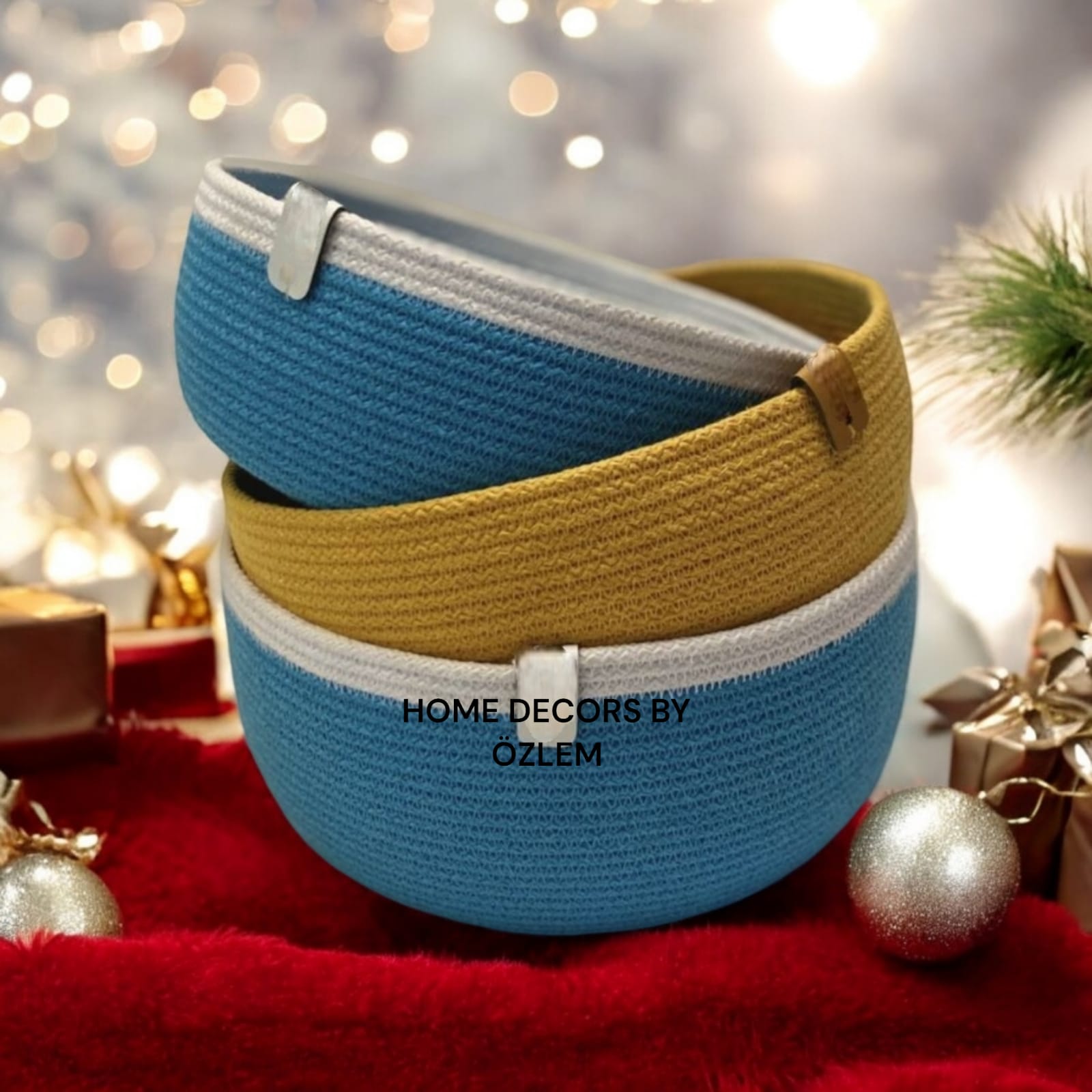 3'lü Turkuaz Beyaz Sarı Sepet Takımı Dekoratif Sepet Organizer Düzenleyici Hasır Sepet Saklama Kutusu Handmade-24x10cm/22x10cm/20x10cm