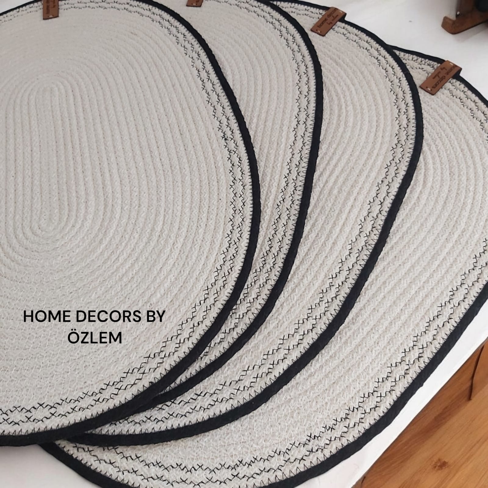 İşlemeli Pikolu Oval Ekru Siyah Amerikan Servis Supla Düzenleyici Organizer Dekorasyon Handmade El Emeği - Oval Supla: 42x30 cm