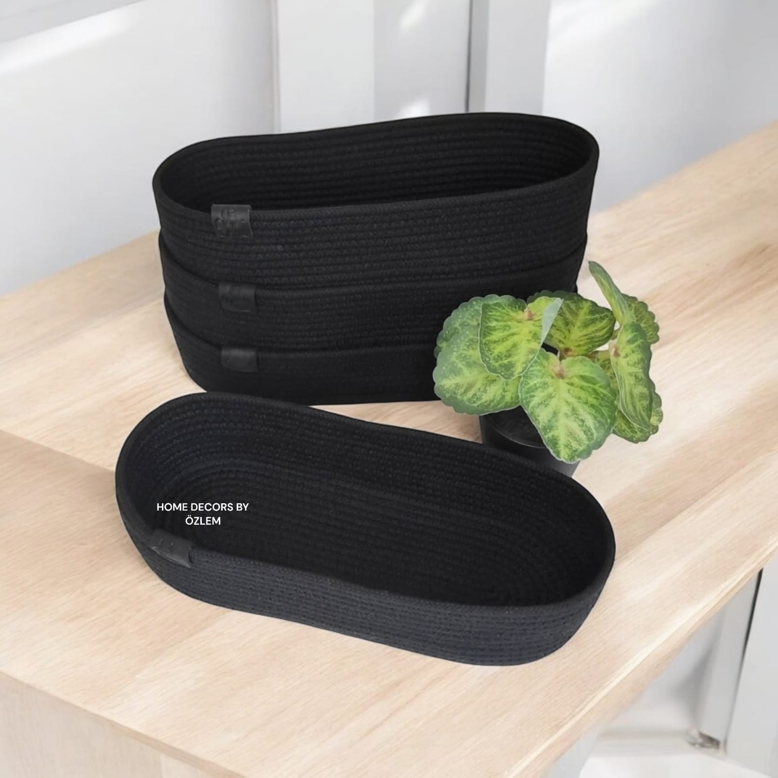4'lü Siyah Oval Sepet Takımı Düzenleyici Organizer Saklama Kutusu Mutfak Dekor Salon Hasır Sepet Takımı - 25x10x6 cm