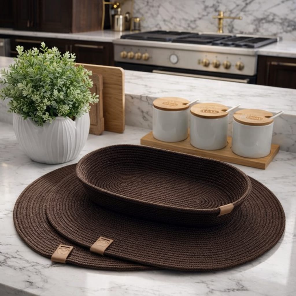 Acı Kahve Oval 6 Kişilik 7 Parça Amerikan Servisi Supla Takımı Organizer Servis Saklama kutusu Hasır Sepet - Supla:42x30 cm / Oval Sepet:30x18x6 cm