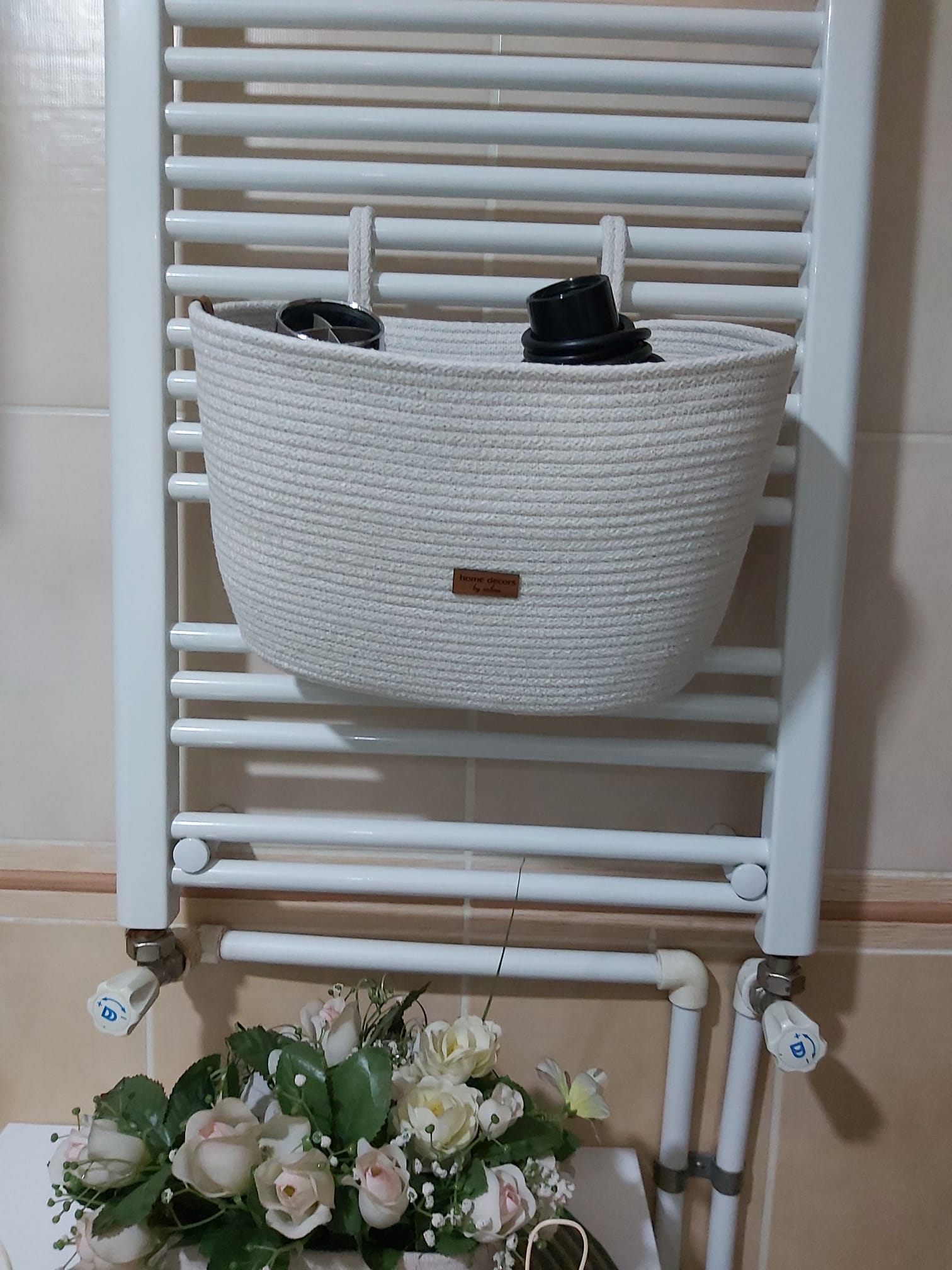 Ekru Askılı Düzenleyici Sepet Çok Amaçlı Sepet Hasır Sepet Saklama Kutusu Handmade El Yapımı Organizer - 30x20 cm