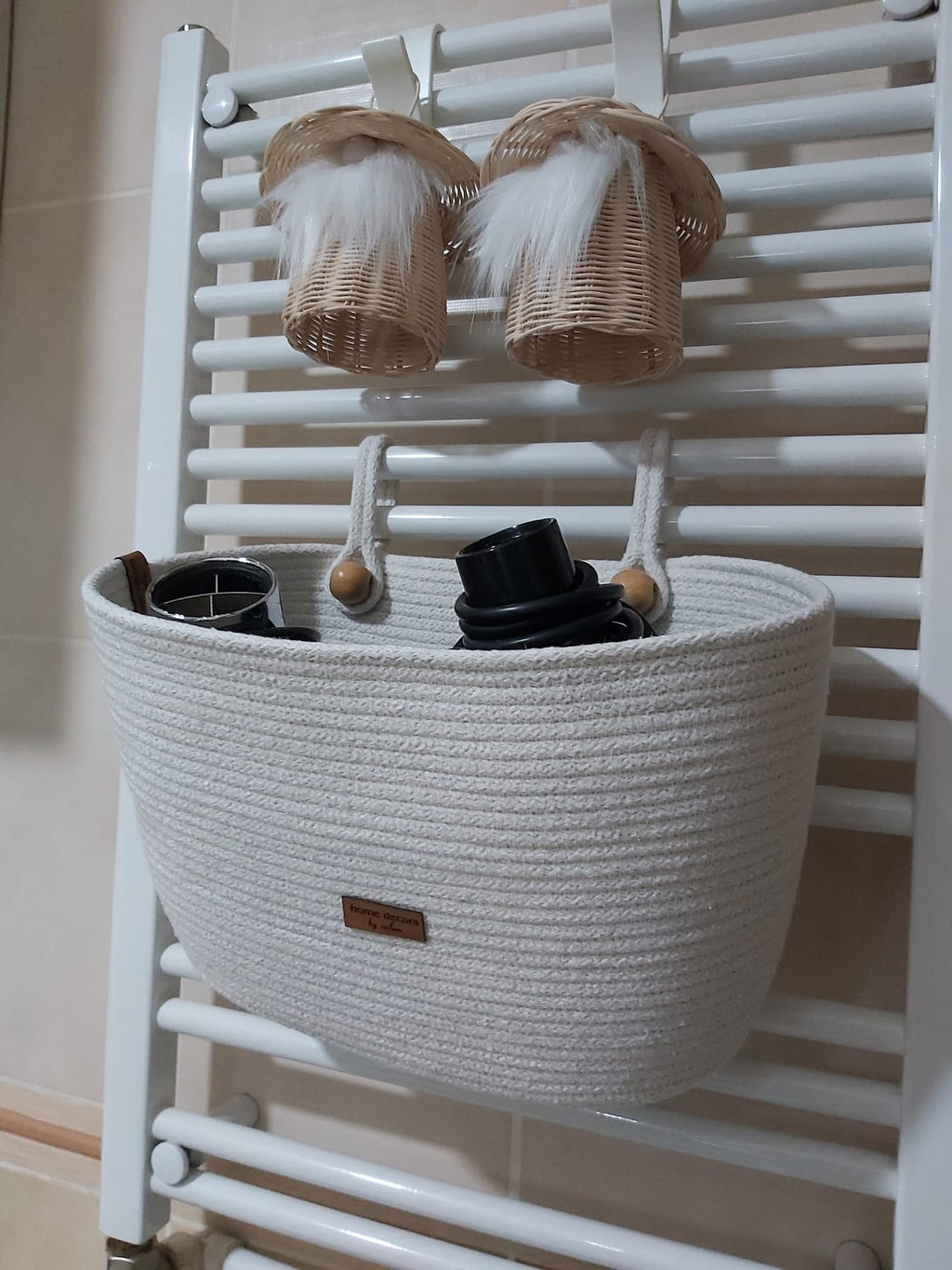 Ekru Askılı Düzenleyici Sepet Çok Amaçlı Sepet Hasır Sepet Saklama Kutusu Handmade El Yapımı Organizer - 30x20 cm