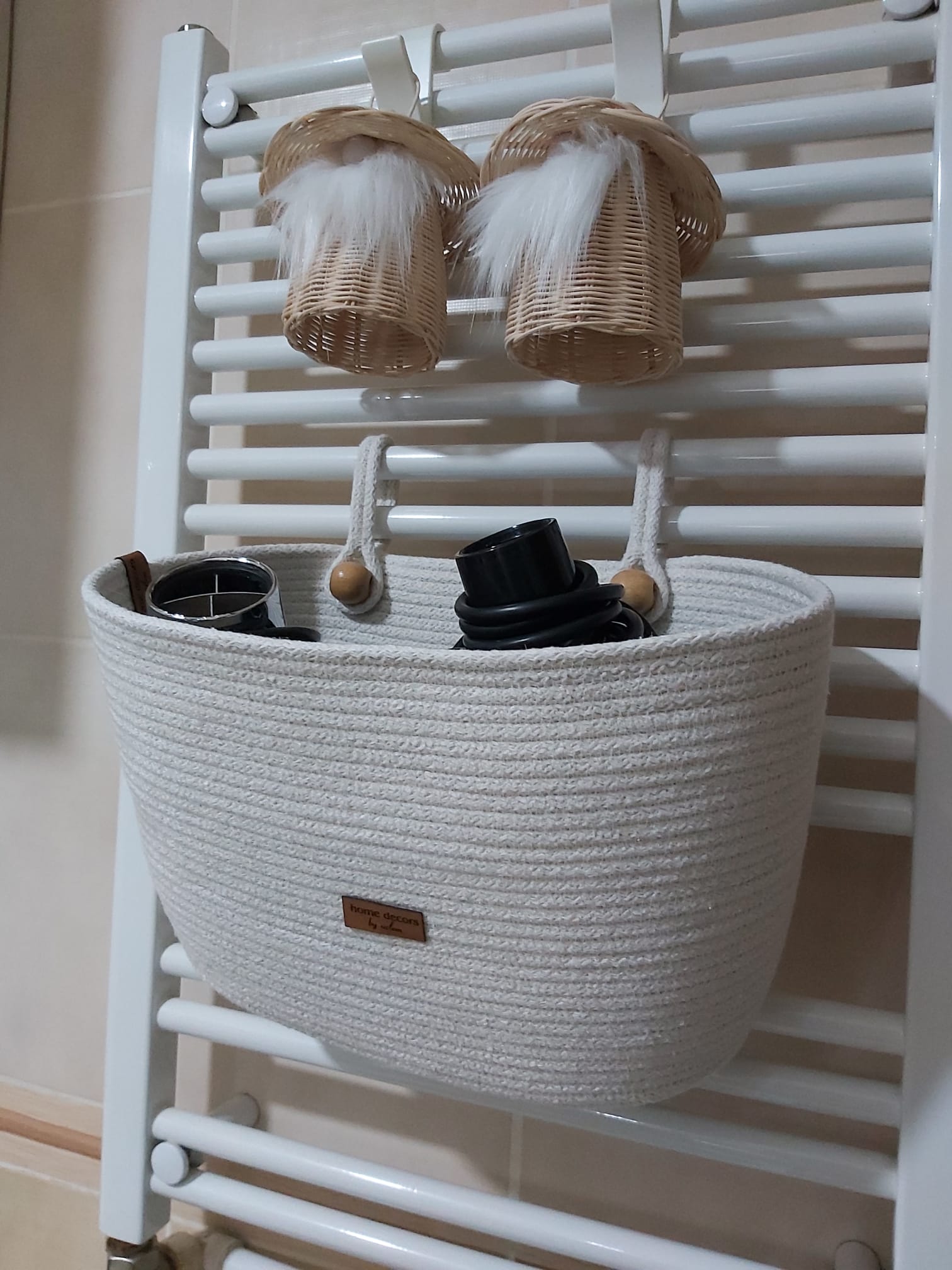 Ekru Askılı Düzenleyici Sepet Çok Amaçlı Sepet Hasır Sepet Saklama Kutusu Handmade El Yapımı Organizer - 30x20 cm