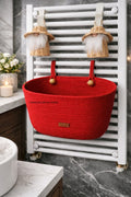 Kırmızı Askılı Düzenleyici Sepet Çok Amaçlı Sepet Hasır Sepet Saklama Kutusu Handmade El Yapımı Organizer - 30x20 cm