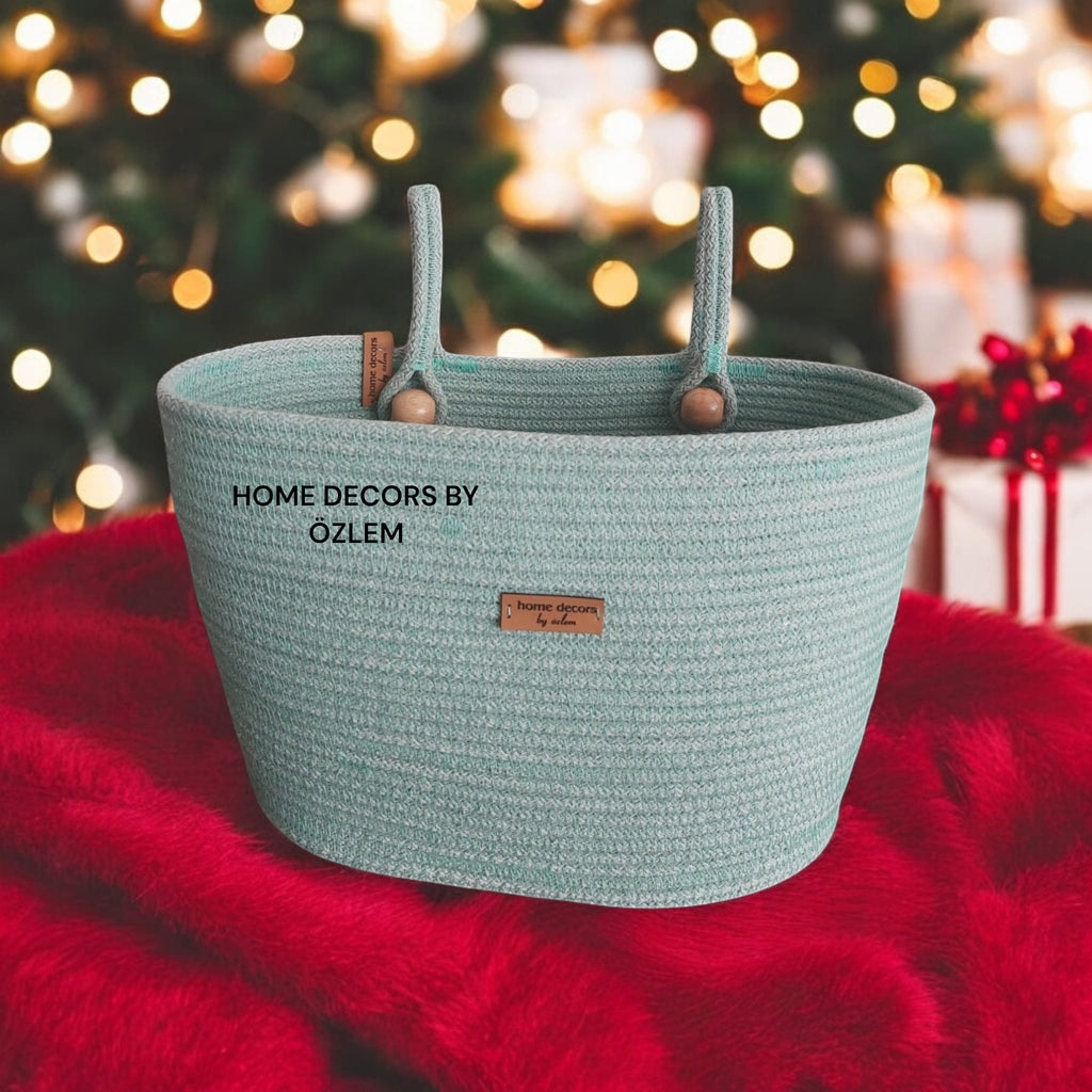 Mint Yeşili Askılı Düzenleyici Sepet Çok Amaçlı Sepet Hasır Sepet Saklama Kutusu Handmade El Yapımı Organizer - 30x20 cm