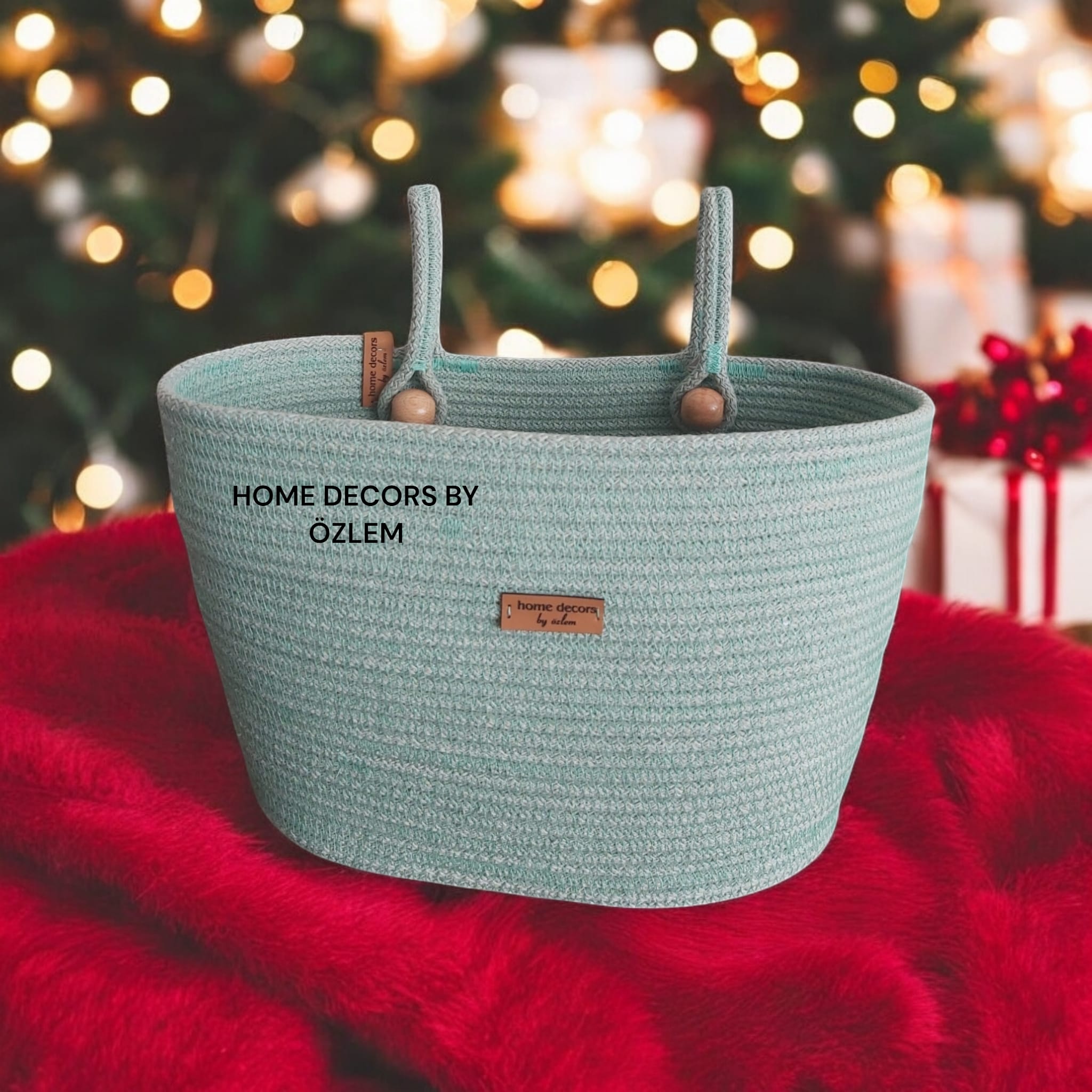 Mint Yeşili Askılı Düzenleyici Sepet Çok Amaçlı Sepet Hasır Sepet Saklama Kutusu Handmade El Yapımı Organizer - 30x20 cm