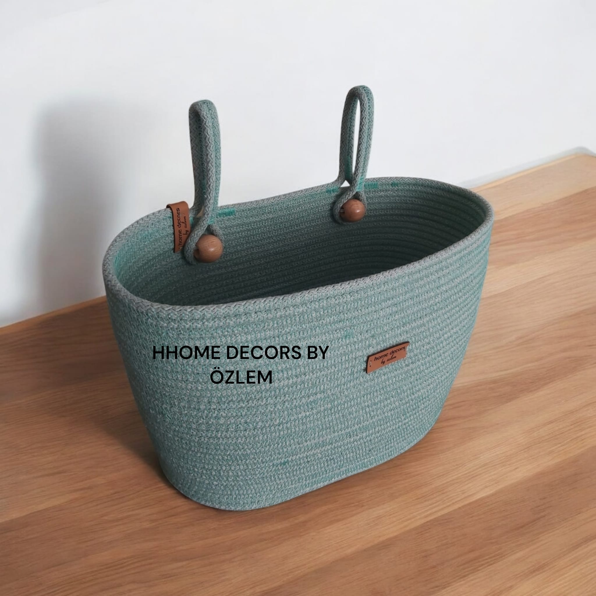 Mint Yeşili Askılı Düzenleyici Sepet Çok Amaçlı Sepet Hasır Sepet Saklama Kutusu Handmade El Yapımı Organizer - 30x20 cm